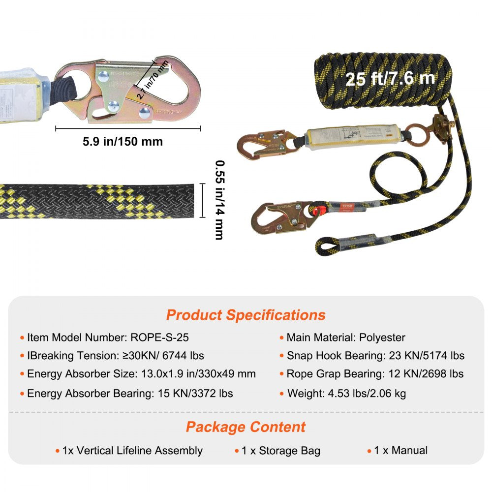 VEVOR Vertical Lifeline Assembly, 0.55'' x 25' Fall Protection Rope with 30 KN Breaking Tension, Polyester Roofing Rope with Steel Snap Hooks, Rope Grab, and Shock Absorber, ANSI Compliant 