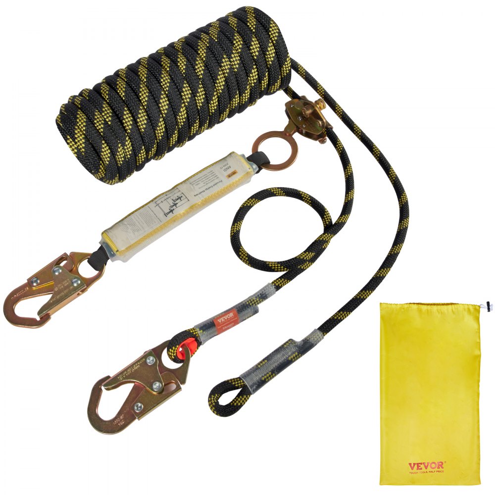 VEVOR Vertical Lifeline Assembly, 0.55'' x 25' Fall Protection Rope with 30 KN Breaking Tension, Polyester Roofing Rope with Steel Snap Hooks, Rope Grab, and Shock Absorber, ANSI Compliant 
