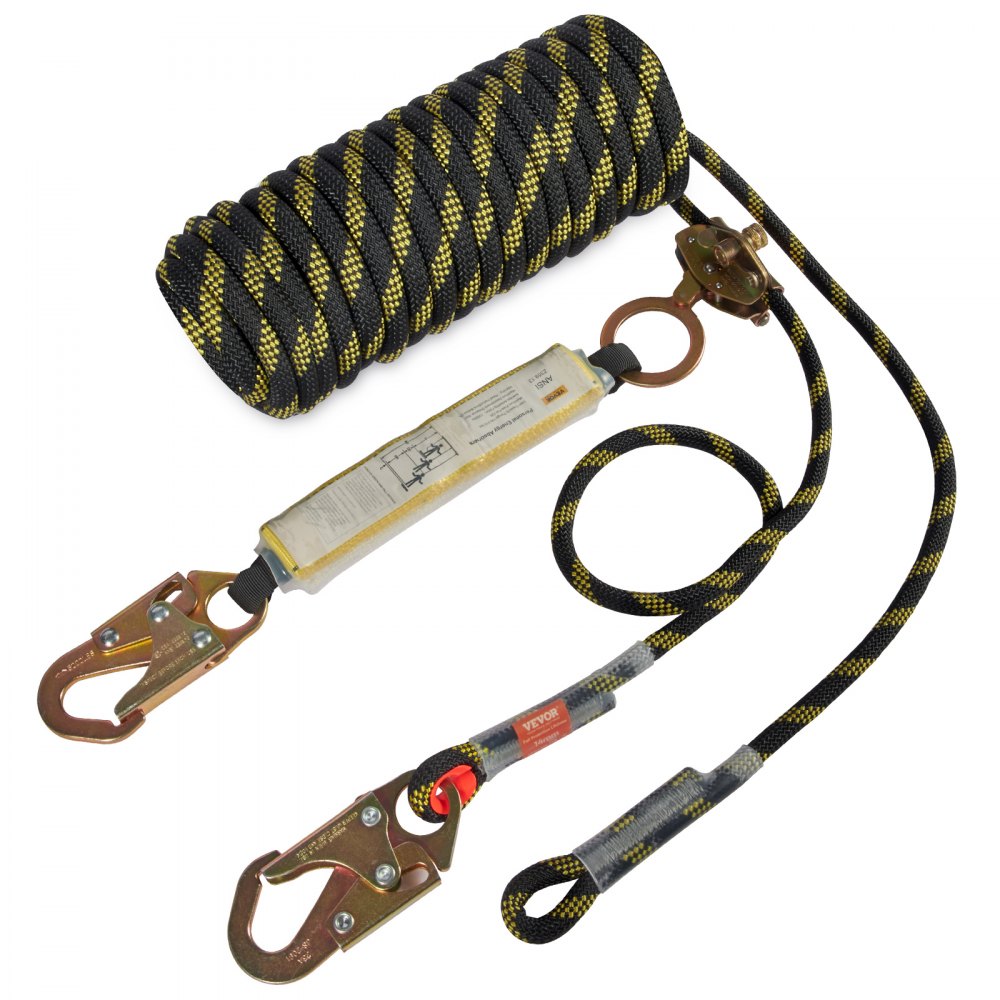VEVOR Vertical Lifeline Assembly, 0.55'' x 25' Fall Protection Rope with 30 KN Breaking Tension, Polyester Roofing Rope with Steel Snap Hooks, Rope Grab, and Shock Absorber, ANSI Compliant 