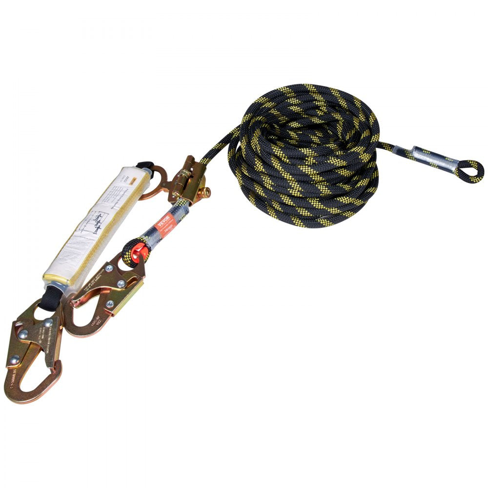 VEVOR Vertical Lifeline Assembly, 0.55'' x 25' Fall Protection Rope with 30 KN Breaking Tension, Polyester Roofing Rope with Steel Snap Hooks, Rope Grab, and Shock Absorber, ANSI Compliant 