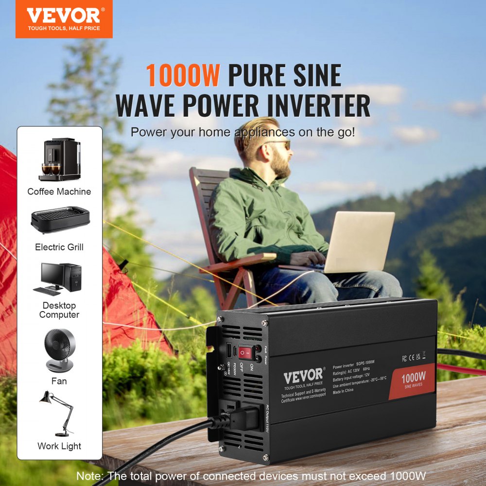 VEVOR Pure Sine Wave Inverter, 1000 Watt, DC 12V to AC 120V Power Inverter with 2 AC Outlets 2 USB Port 1 Type-C Port, Remote Control for Small Home Devices like Smartphone Laptop, CE FCC Certified 