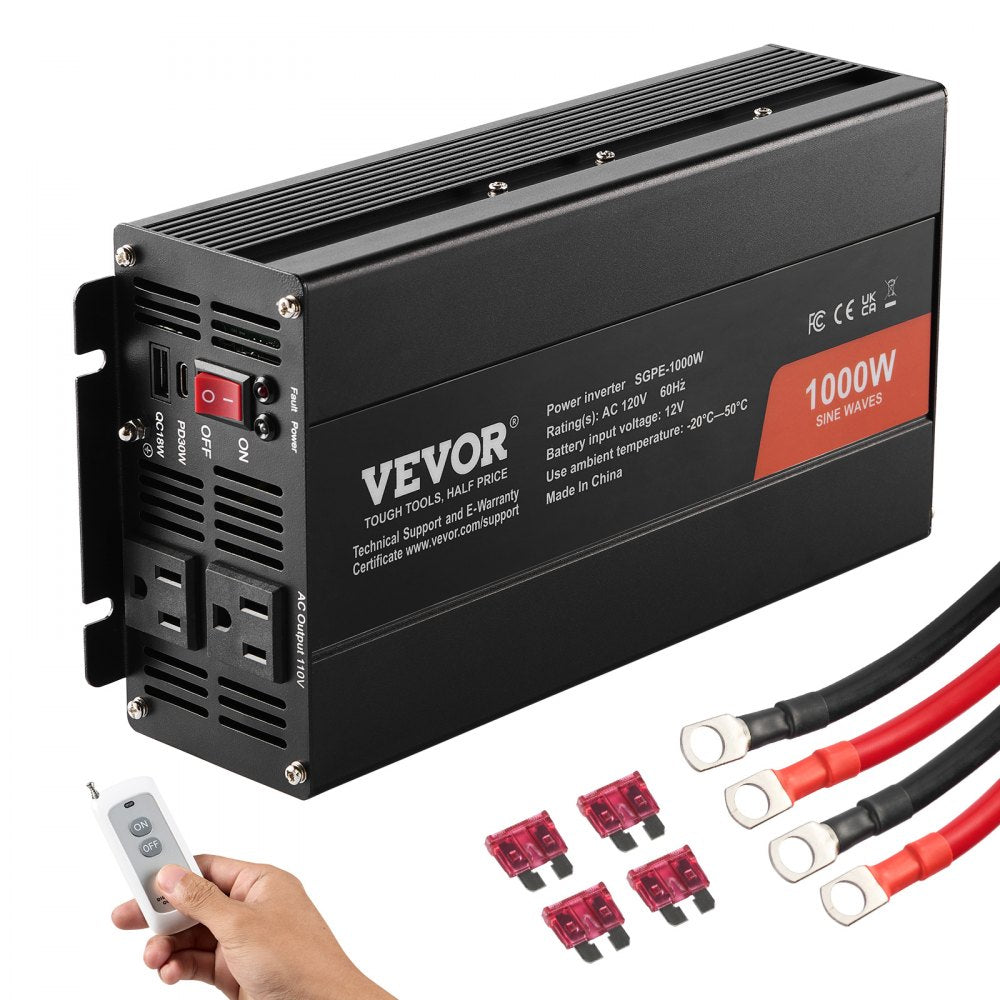 VEVOR Pure Sine Wave Inverter, 1000 Watt, DC 12V to AC 120V Power Inverter with 2 AC Outlets 2 USB Port 1 Type-C Port, Remote Control for Small Home Devices like Smartphone Laptop, CE FCC Certified 