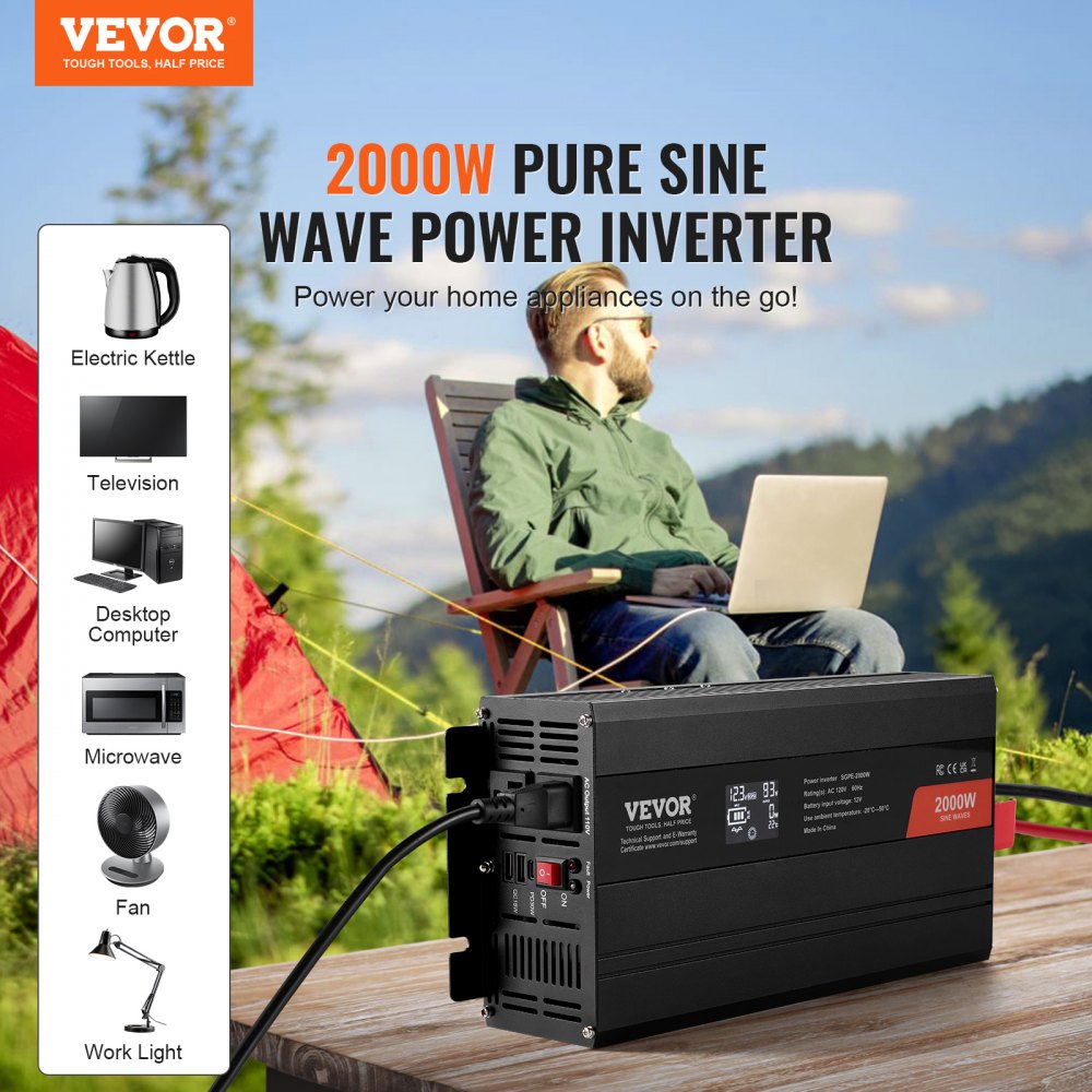 VEVOR Pure Sine Wave Inverter, 2000 Watt, DC 12V to AC 120V Power Inverter with 2 AC Outlets 2 USB Port 1 Type-C Port, LCD Display and Remote Controller for Medium-Sized Household Equipment, CE FCC 
