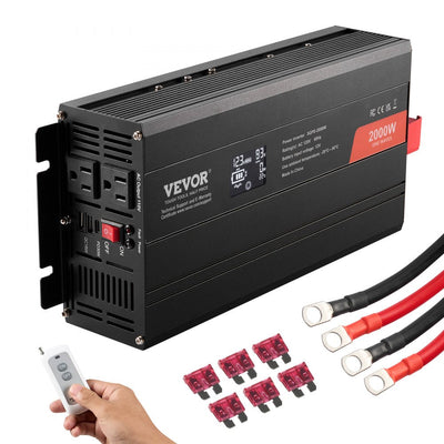 VEVOR Pure Sine Wave Inverter, 2000 Watt, DC 12V to AC 120V Power Inverter with 2 AC Outlets 2 USB Port 1 Type-C Port, LCD Display and Remote Controller for Medium-Sized Household Equipment, CE FCC 