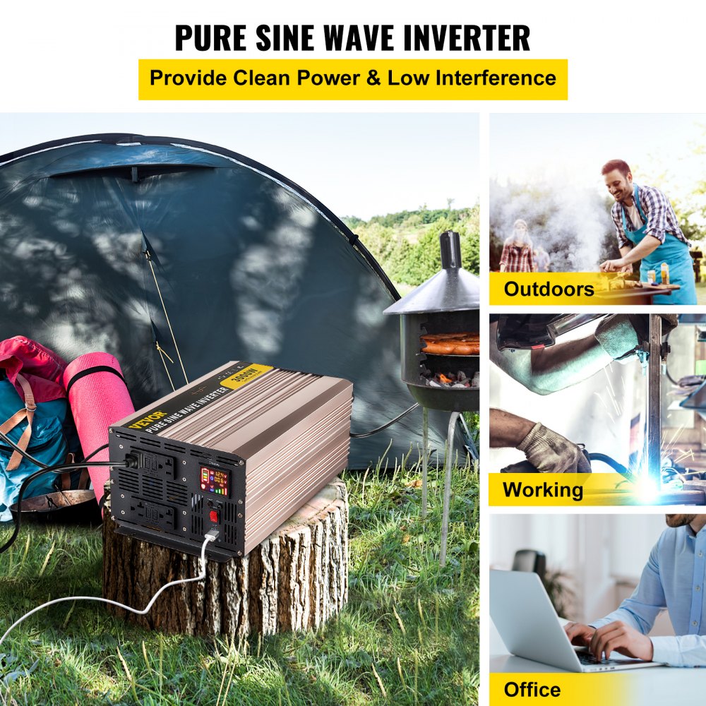 VEVOR Pure Sine Wave Inverter, 3000 Watt Power Inverter, DC 12V to AC 110V Car Inverter, with LCD Display, 5V USB Port, AC Outlets (GFCI) Power Converter, for Car, RV Truck,Solar System,Travel Camping 