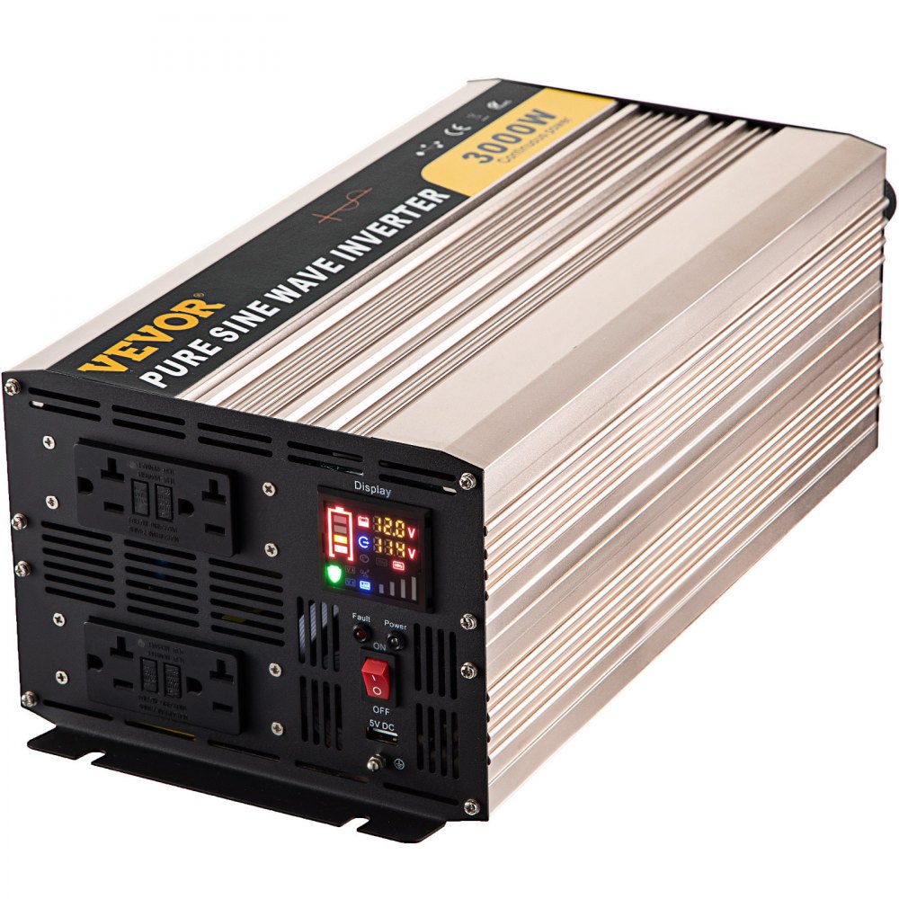 VEVOR Pure Sine Wave Inverter, 3000 Watt Power Inverter, DC 12V to AC 110V Car Inverter, with LCD Display, 5V USB Port, AC Outlets (GFCI) Power Converter, for Car, RV Truck,Solar System,Travel Camping 