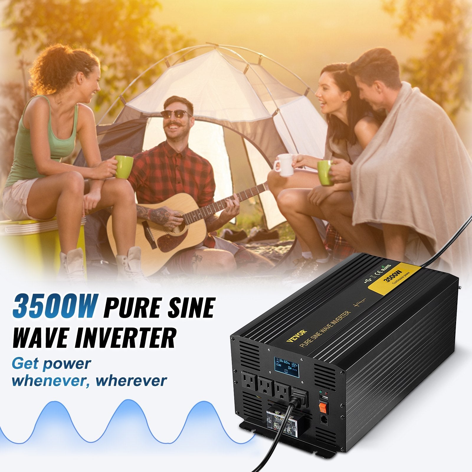 VEVOR Pure Sine Wave Inverter 3500 Watt Power Inverter, DC 12V to AC 120V Car Inverter, with USB Port LCD Display Remote Controller and AC Outlets (GFCI), for RV Truck Car Solar System Travel Camping 