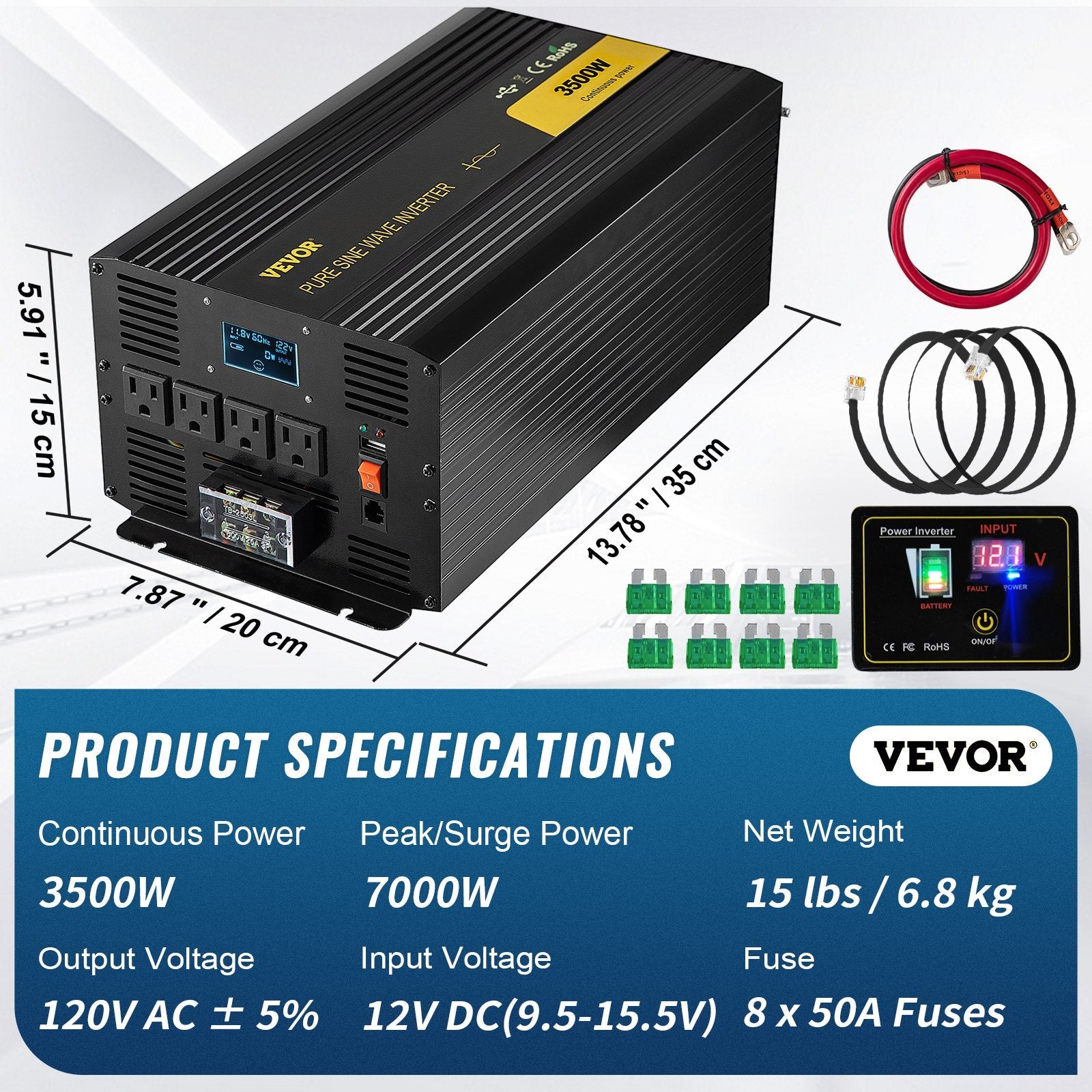 VEVOR Pure Sine Wave Inverter 3500 Watt Power Inverter, DC 12V to AC 120V Car Inverter, with USB Port LCD Display Remote Controller and AC Outlets (GFCI), for RV Truck Car Solar System Travel Camping 