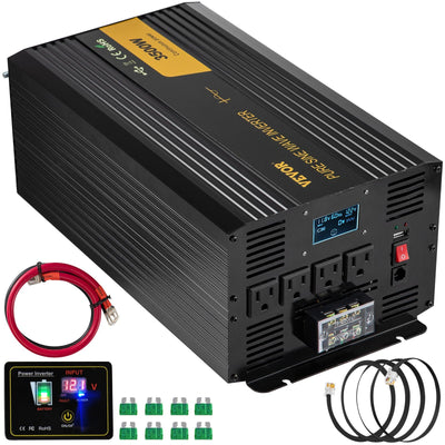 VEVOR Pure Sine Wave Inverter 3500 Watt Power Inverter, DC 12V to AC 120V Car Inverter, with USB Port LCD Display Remote Controller and AC Outlets (GFCI), for RV Truck Car Solar System Travel Camping 