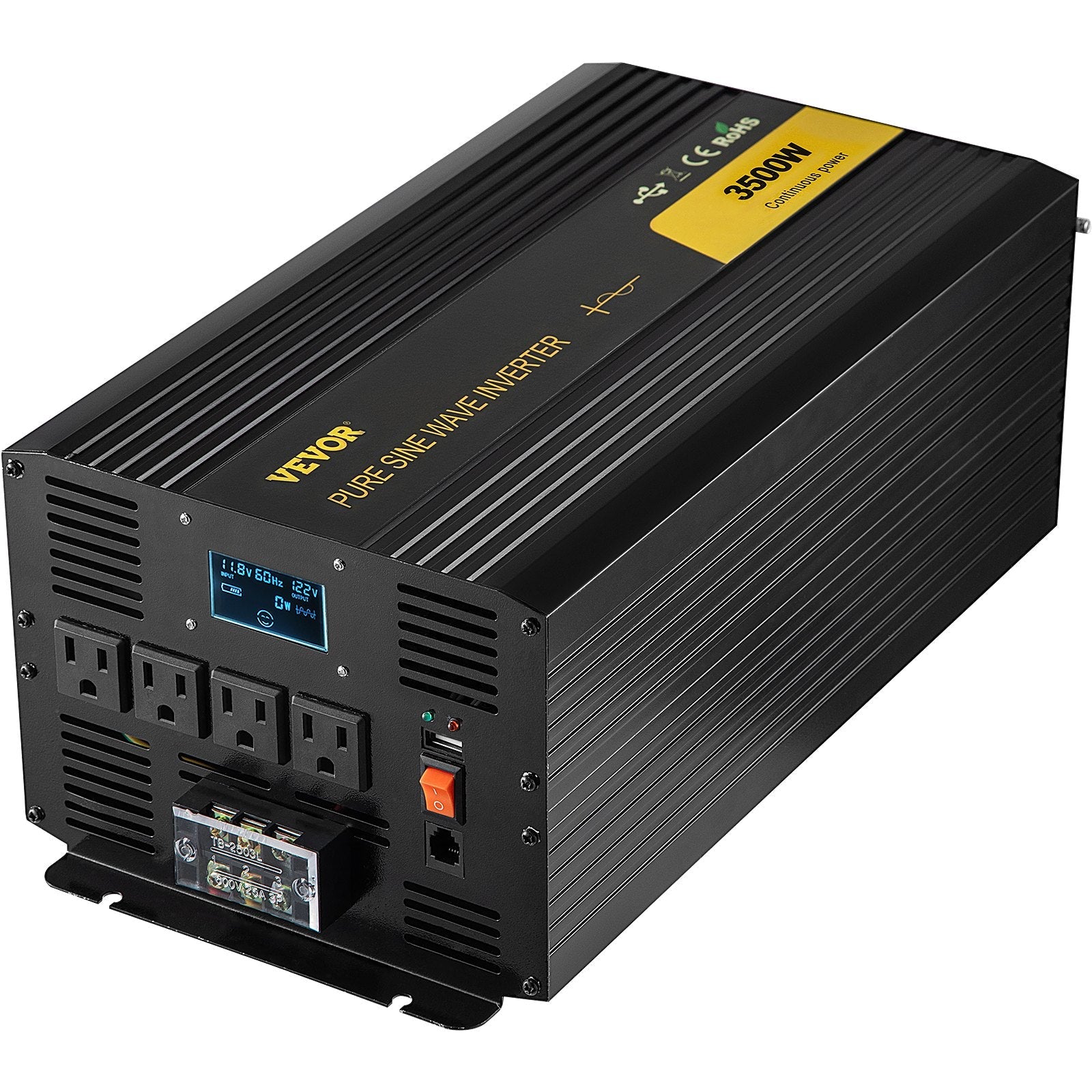 VEVOR Pure Sine Wave Inverter 3500 Watt Power Inverter, DC 12V to AC 120V Car Inverter, with USB Port LCD Display Remote Controller and AC Outlets (GFCI), for RV Truck Car Solar System Travel Camping 
