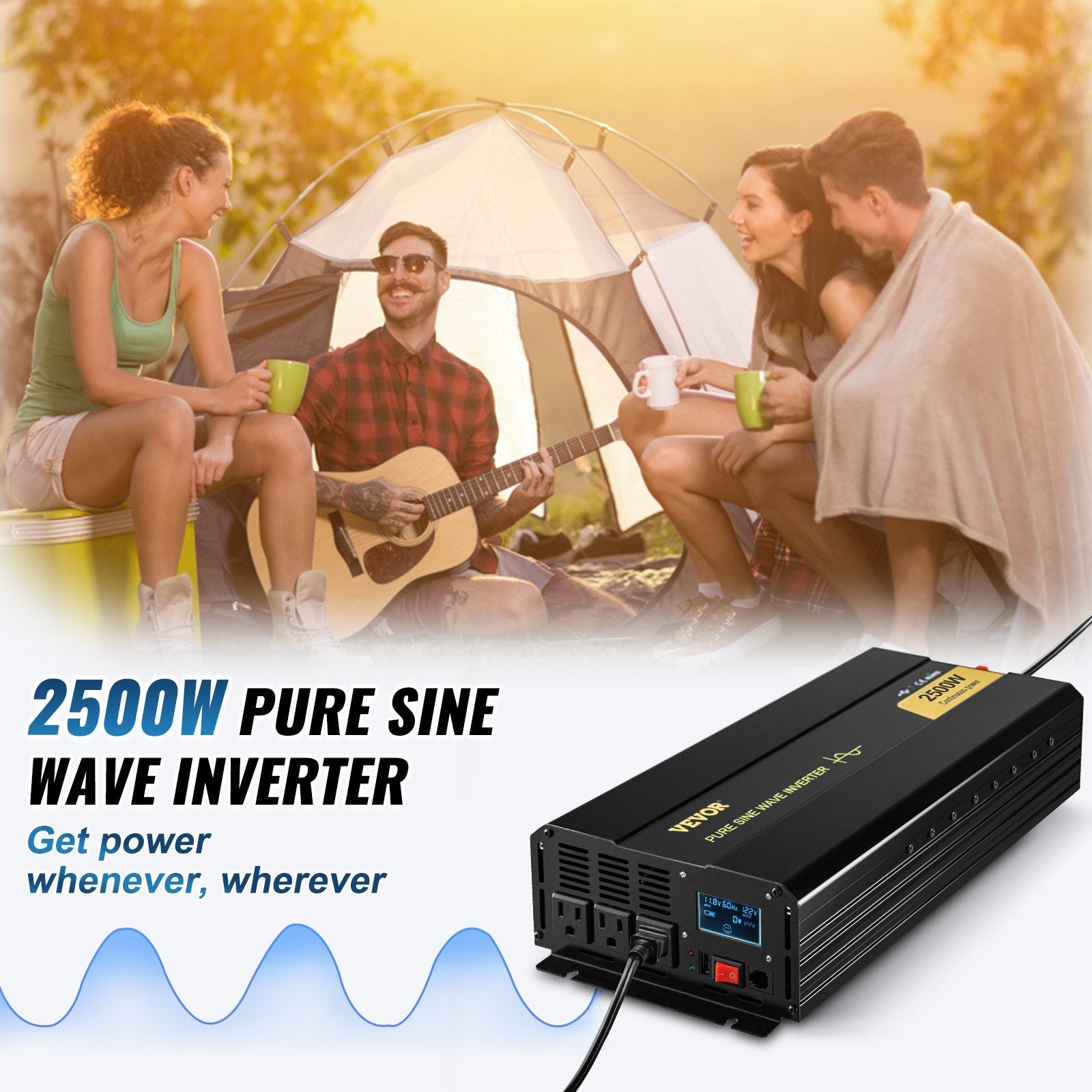 VEVOR Pure Sine Wave Inverter, 2500 Watt Power Inverter, DC 12V to AC 120V Car Inverter, with USB Port, LCD Display, and Remote Controller Power Converter, for RV Truck Car Solar System Travel Camping 