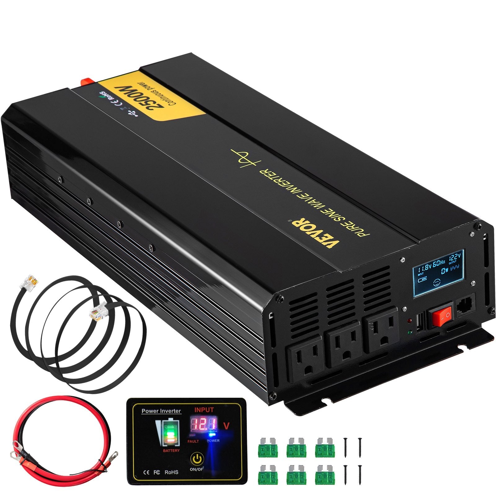 VEVOR Pure Sine Wave Inverter, 2500 Watt Power Inverter, DC 12V to AC 120V Car Inverter, with USB Port, LCD Display, and Remote Controller Power Converter, for RV Truck Car Solar System Travel Camping 