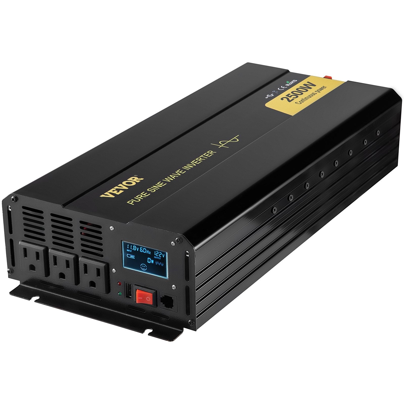 VEVOR Pure Sine Wave Inverter, 2500 Watt Power Inverter, DC 12V to AC 120V Car Inverter, with USB Port, LCD Display, and Remote Controller Power Converter, for RV Truck Car Solar System Travel Camping 