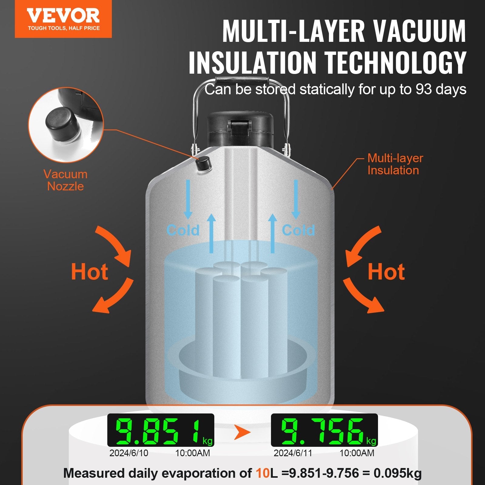 VEVOR Liquid Nitrogen Tank 10 L Aluminum Alloy LN2 Container Dewar 6 Canisters 