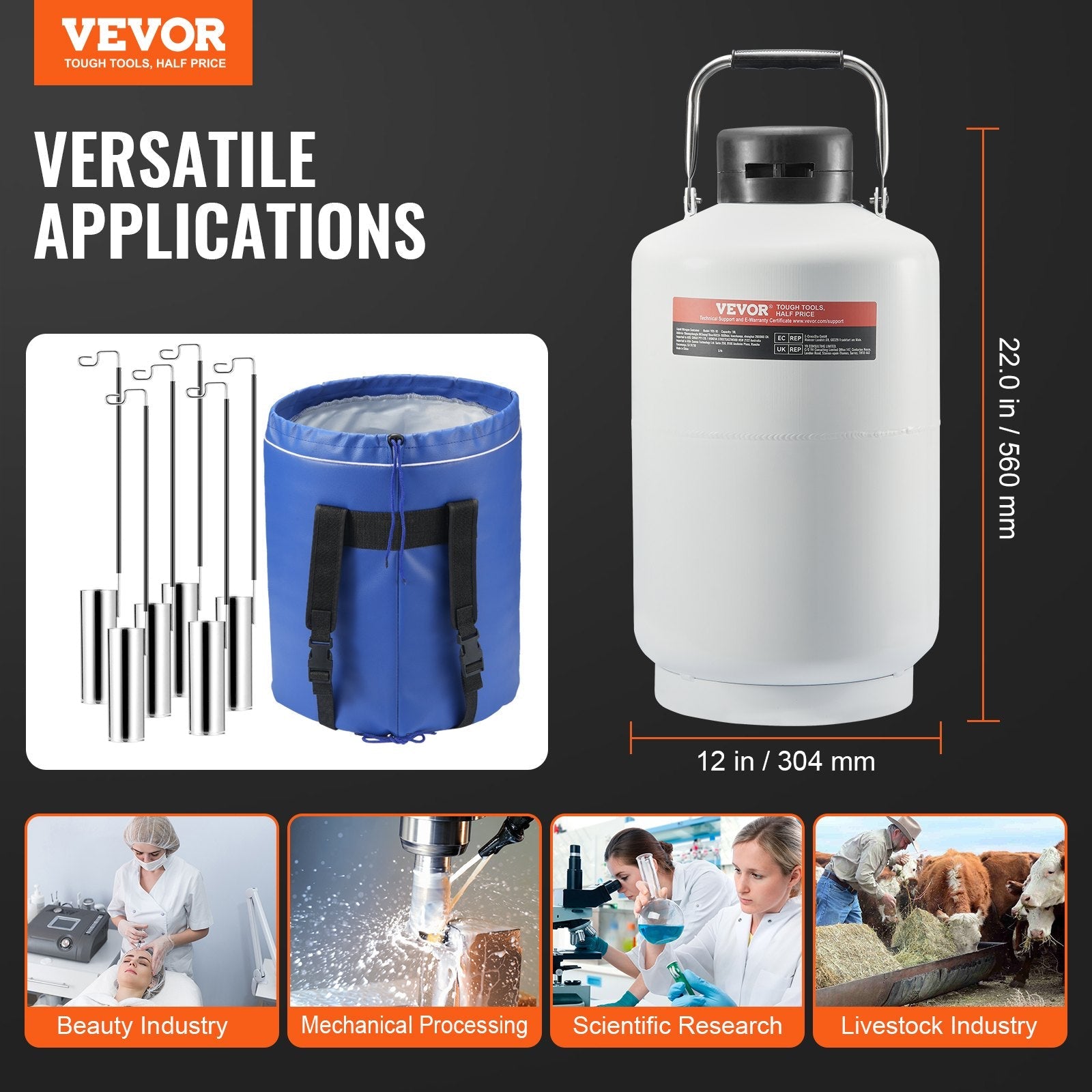 VEVOR Liquid Nitrogen Tank 10 L Aluminum Alloy LN2 Container Dewar 6 Canisters 