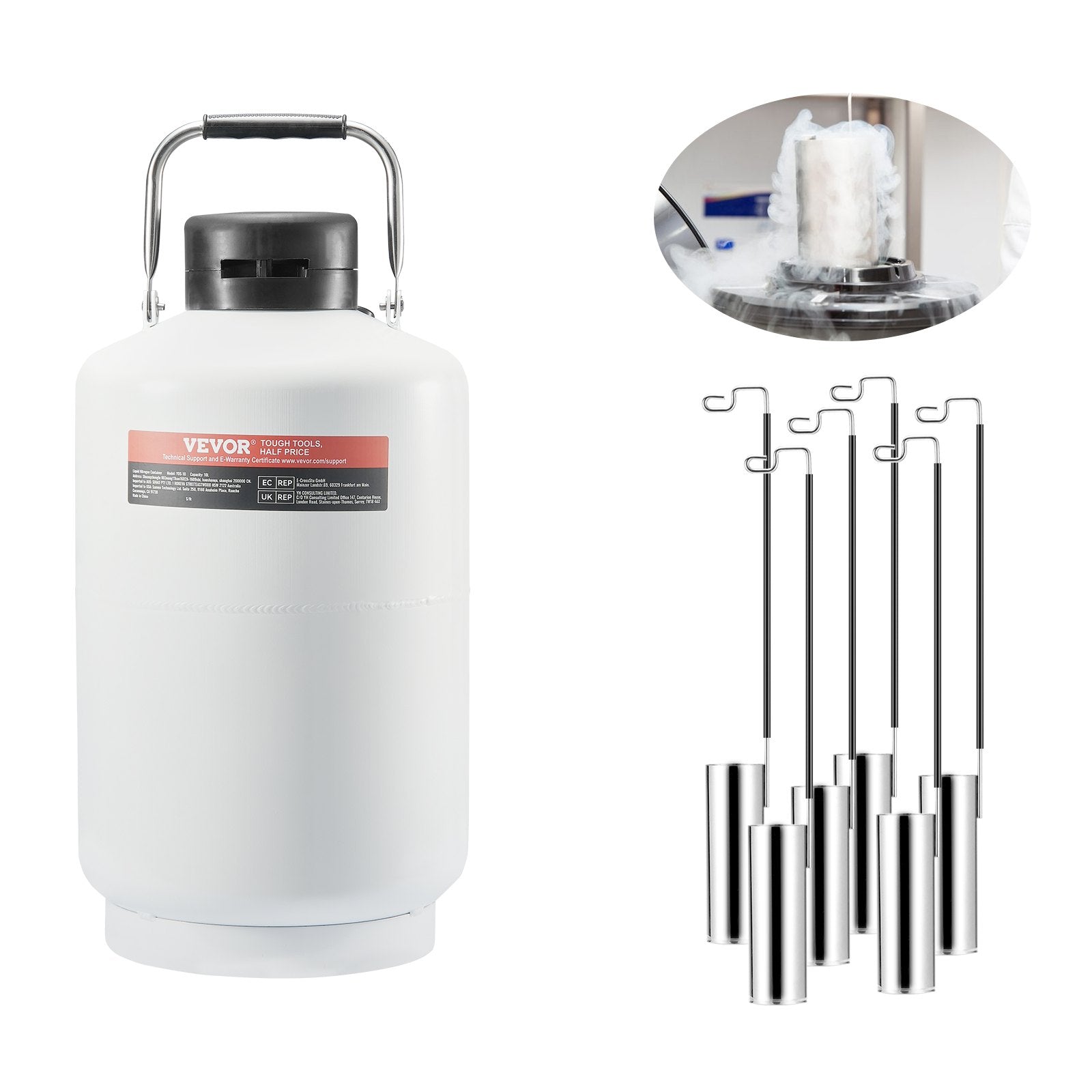VEVOR Liquid Nitrogen Tank 10 L Aluminum Alloy LN2 Container Dewar 6 Canisters 