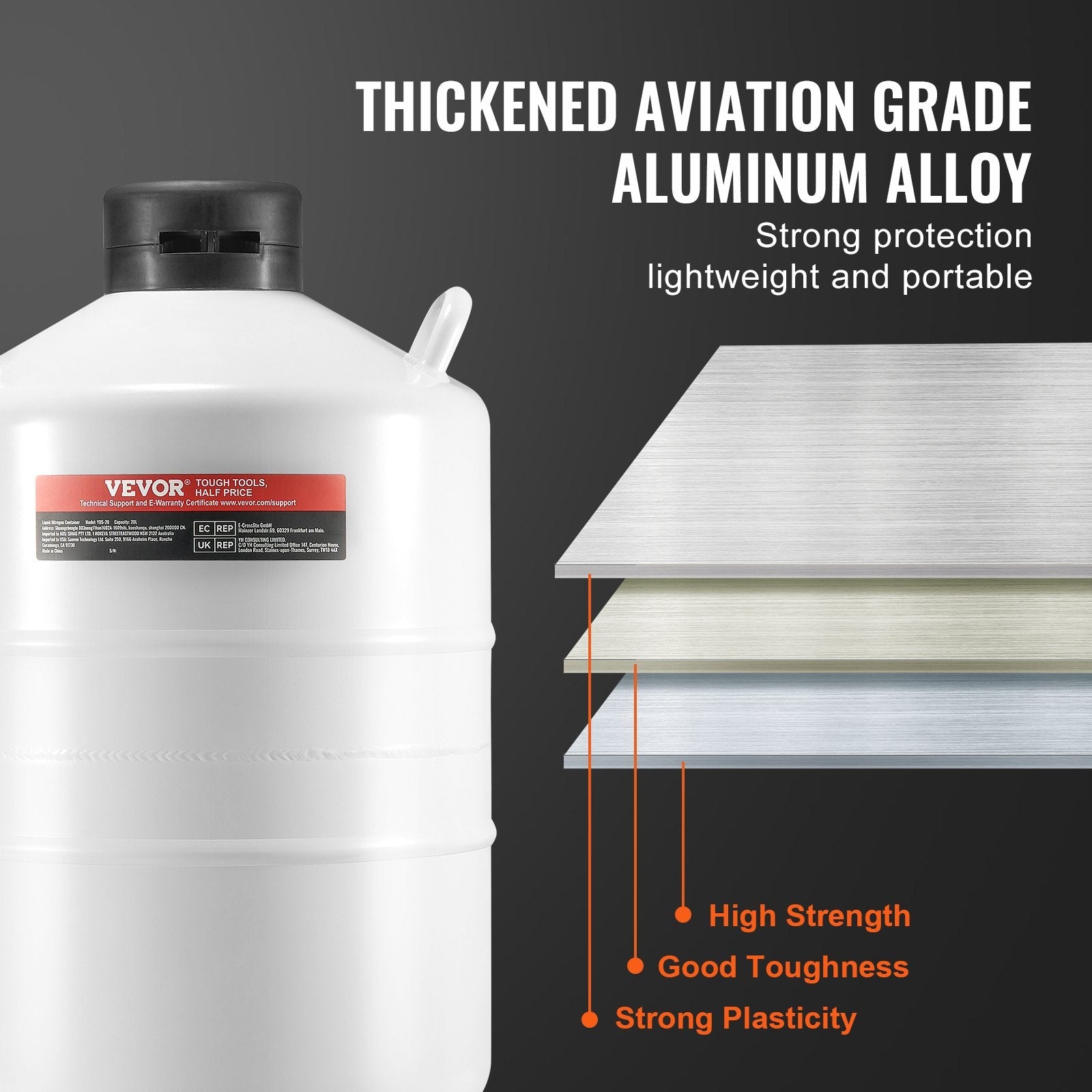 VEVOR Liquid Nitrogen Tank 20 L Aluminum Alloy LN2 Container Dewar 6 Canisters 