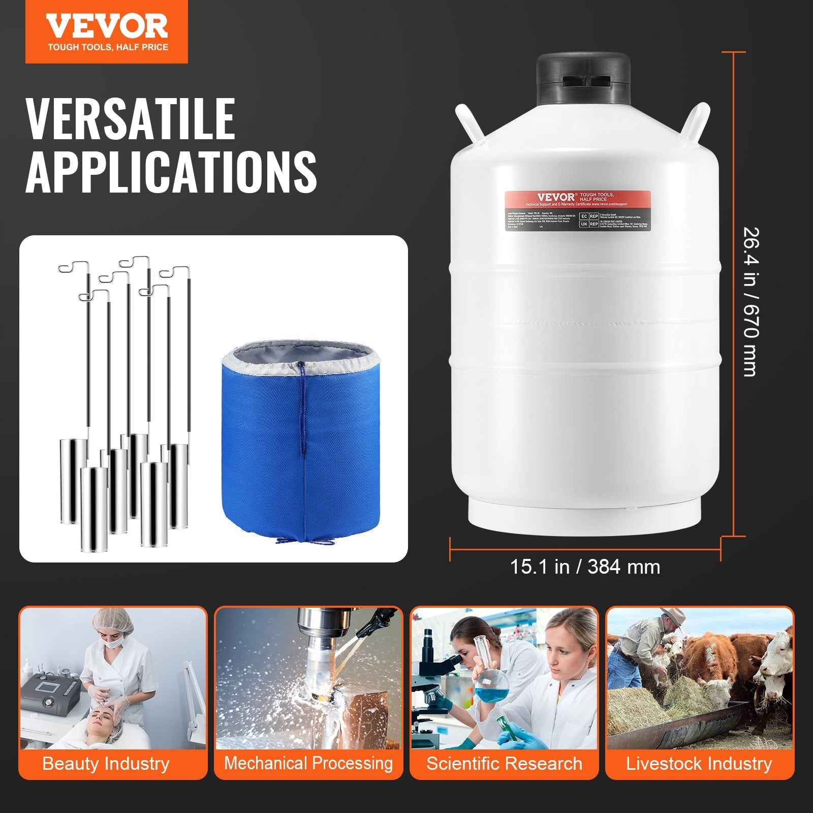 VEVOR Liquid Nitrogen Tank 20 L Aluminum Alloy LN2 Container Dewar 6 Canisters 