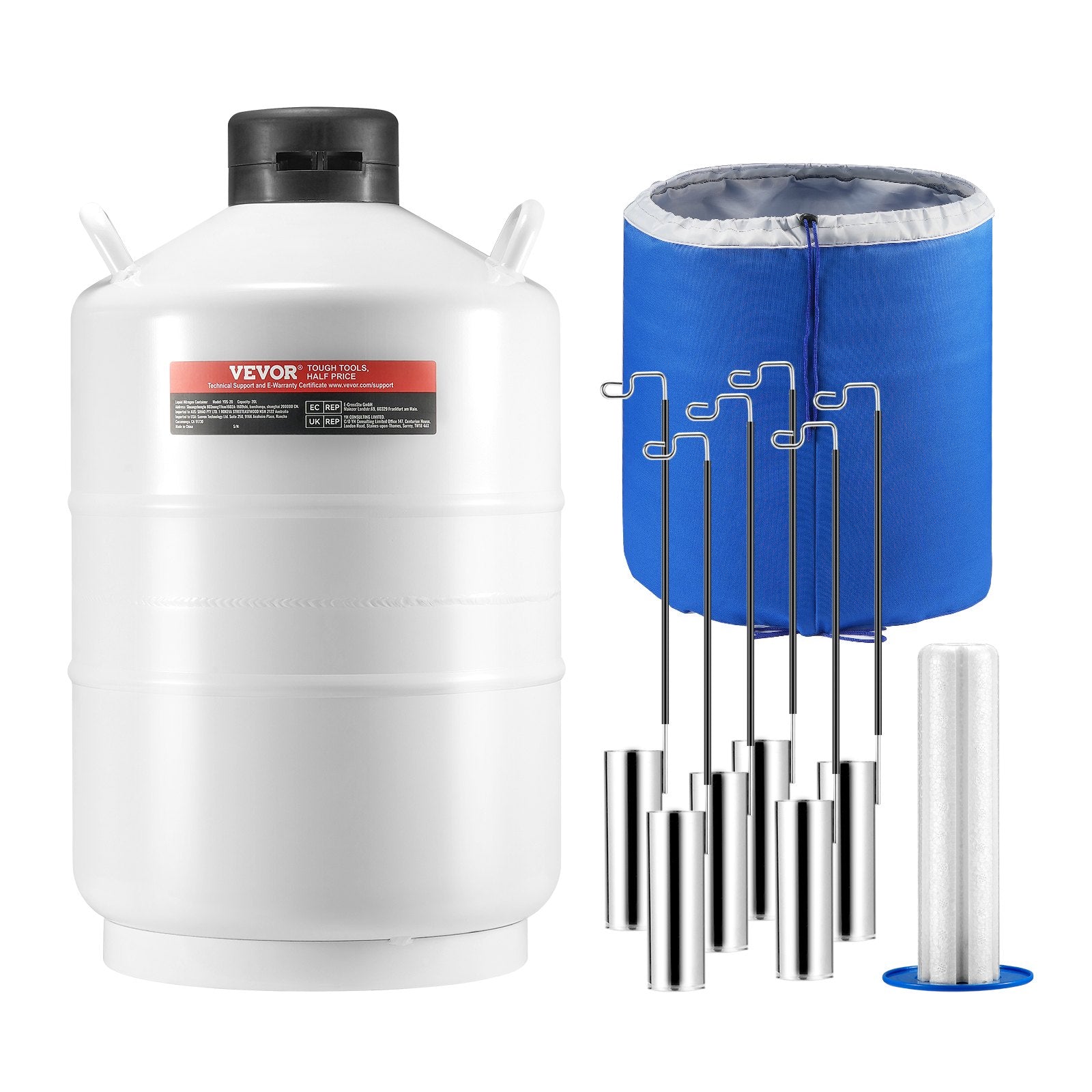 VEVOR Liquid Nitrogen Tank 20 L Aluminum Alloy LN2 Container Dewar 6 Canisters 