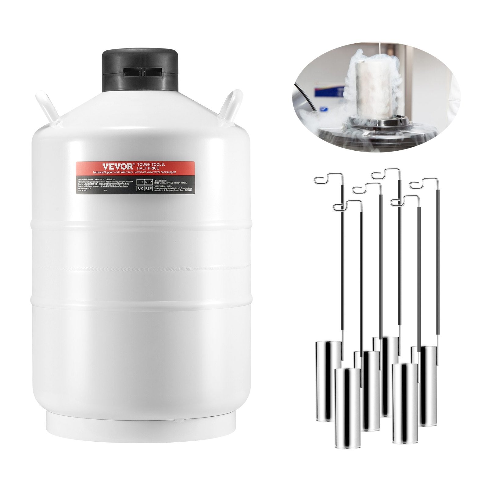 VEVOR Liquid Nitrogen Tank 20 L Aluminum Alloy LN2 Container Dewar 6 Canisters 
