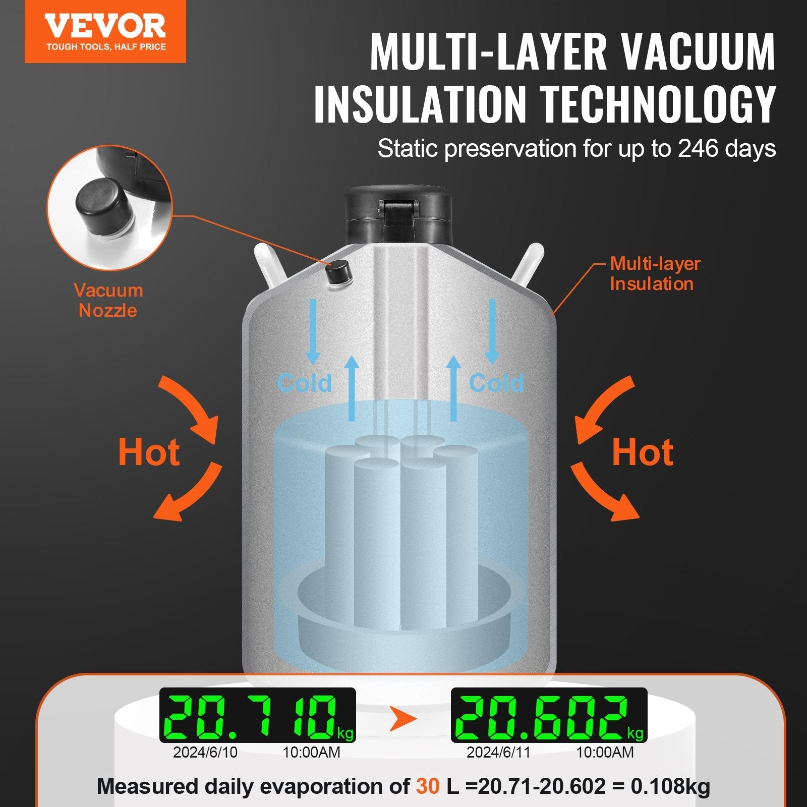 VEVOR Liquid Nitrogen Tank 30 L Aluminum Alloy LN2 Container Dewar 6 Canisters 
