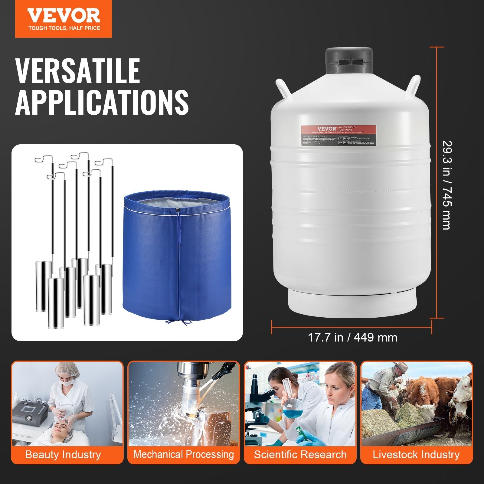 VEVOR Liquid Nitrogen Tank 30 L Aluminum Alloy LN2 Container Dewar 6 Canisters 
