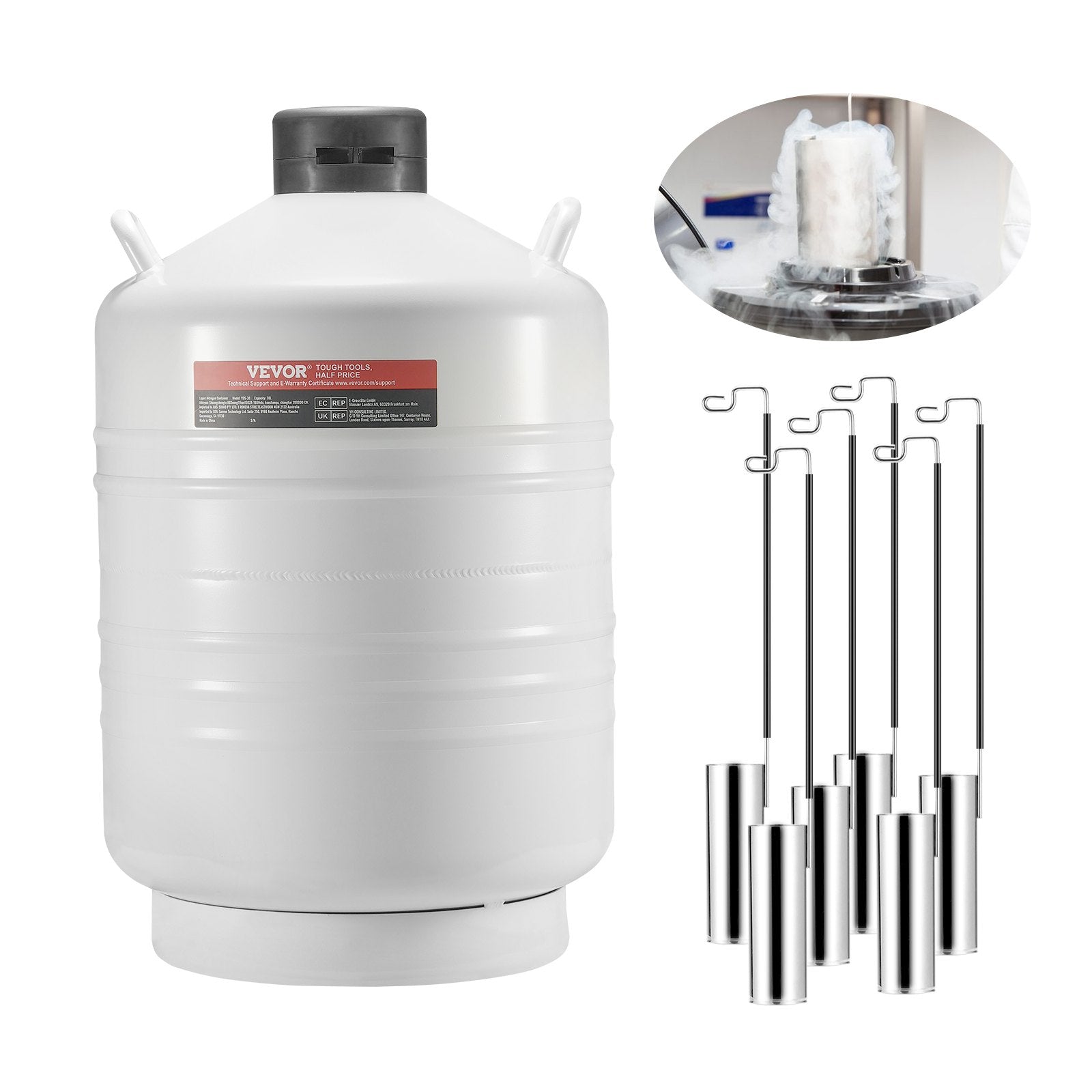 VEVOR Liquid Nitrogen Tank 30 L Aluminum Alloy LN2 Container Dewar 6 Canisters 