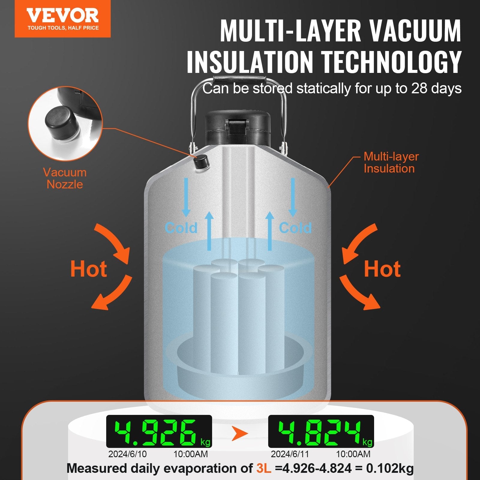 VEVOR Liquid Nitrogen Tank 3 L Aluminum Alloy LN2 Container Dewar 6 Canisters 