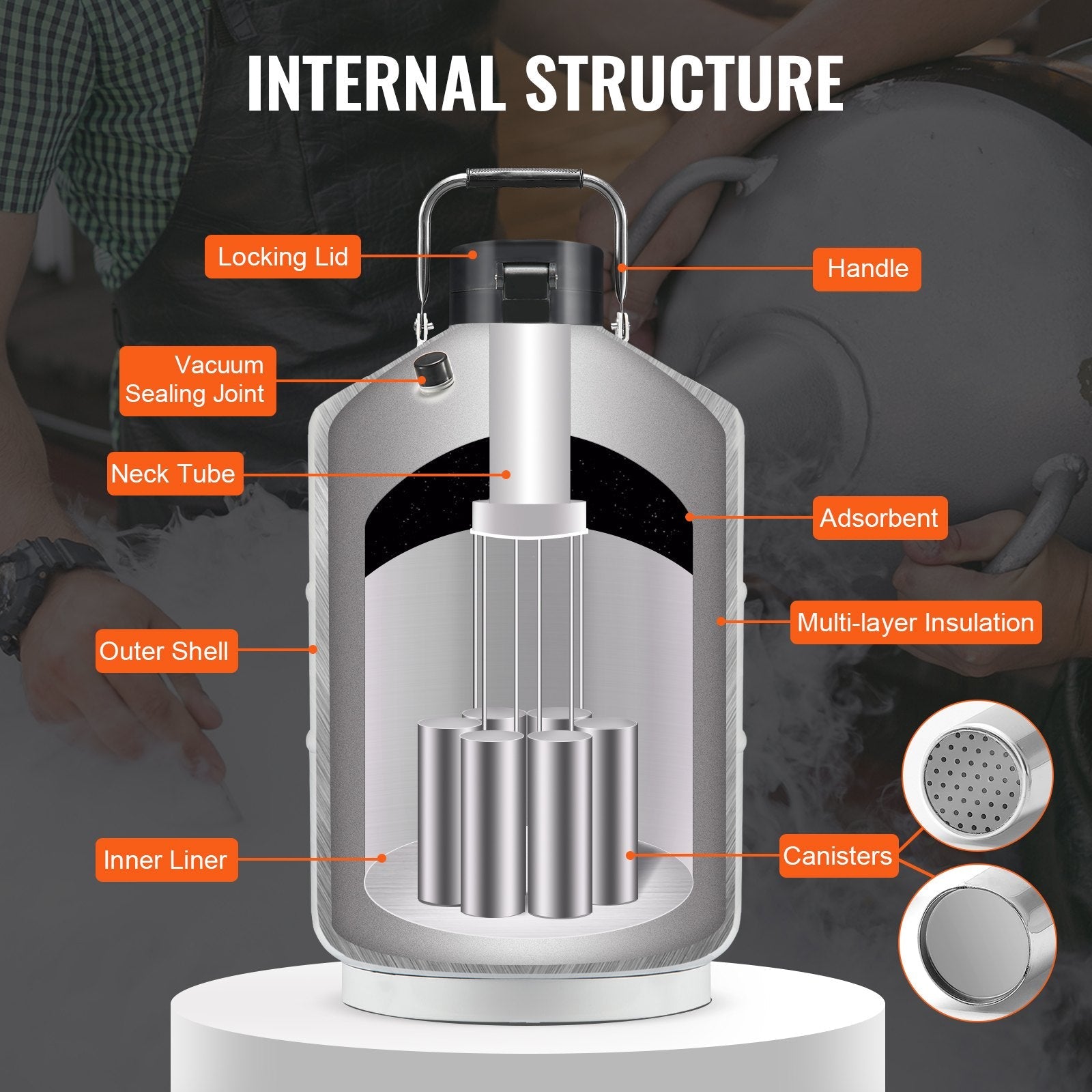 VEVOR Liquid Nitrogen Tank 3 L Aluminum Alloy LN2 Container Dewar 6 Canisters 