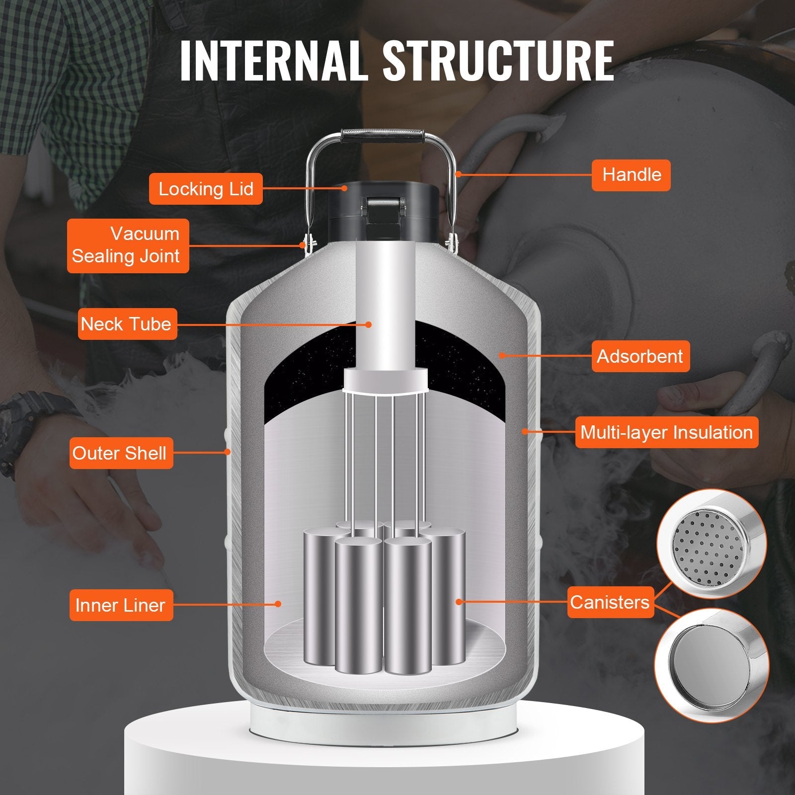 VEVOR Liquid Nitrogen Tank 6 L Aluminum Alloy LN2 Container Dewar 6 Canisters 