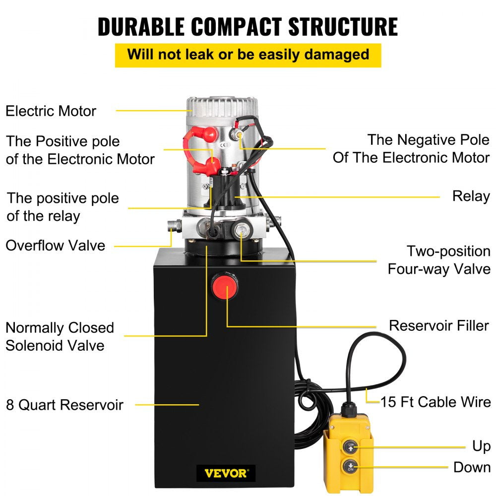 VEVOR Single Acting 15 Quart Hydraulic Pump 12V DC Hydraulic Power Unit 3.75 Gallon Dump Trailer Pump Steel Hydraulic Power Unit 