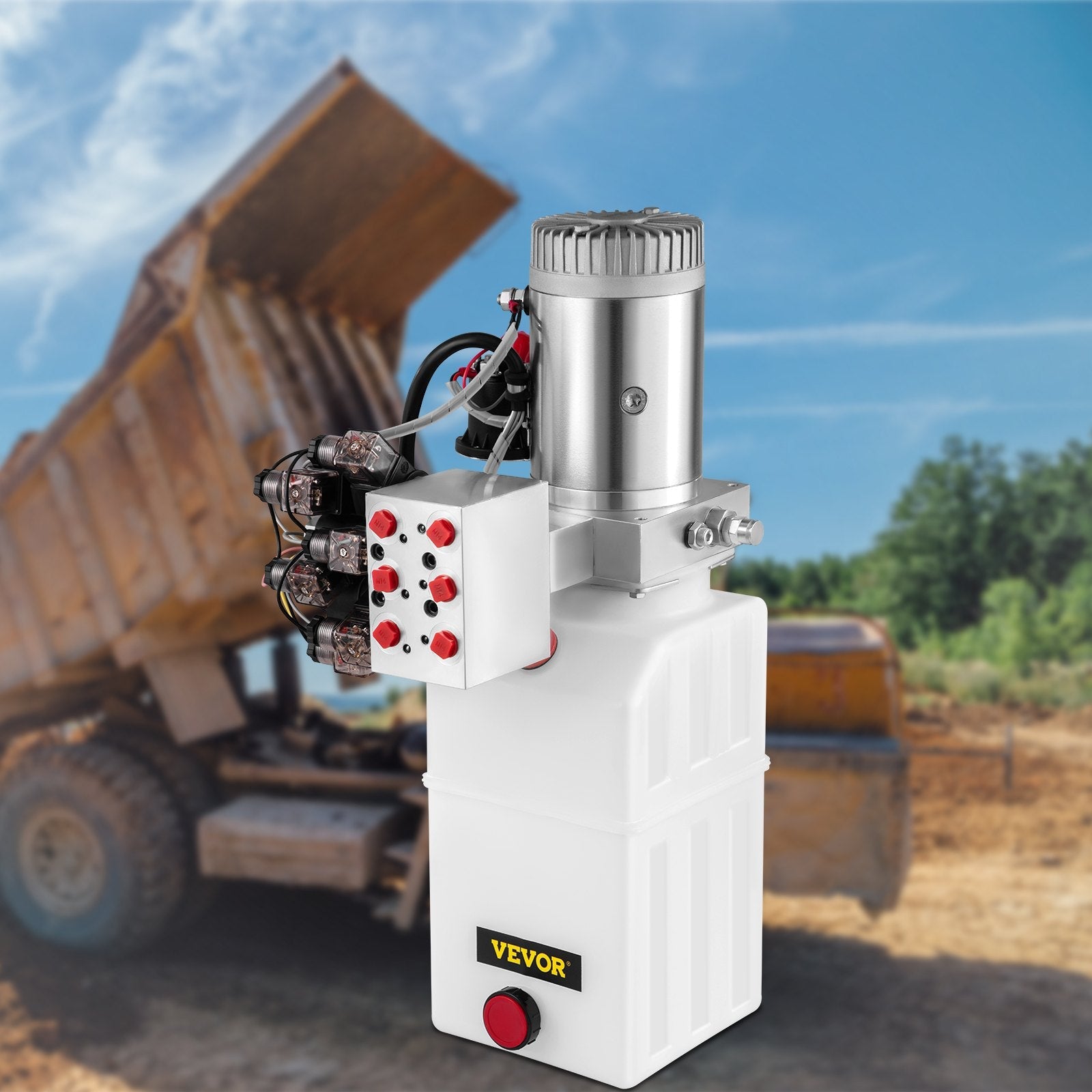 VEVOR Hydraulic Power Unit 6 Way 6 Quart Hydraulic Pump Double Acting Hydraulic Power Unit 12V DC Dump Trailer Car Remote with Plastic Oil Reservoir (Plastic, Double Acting) 