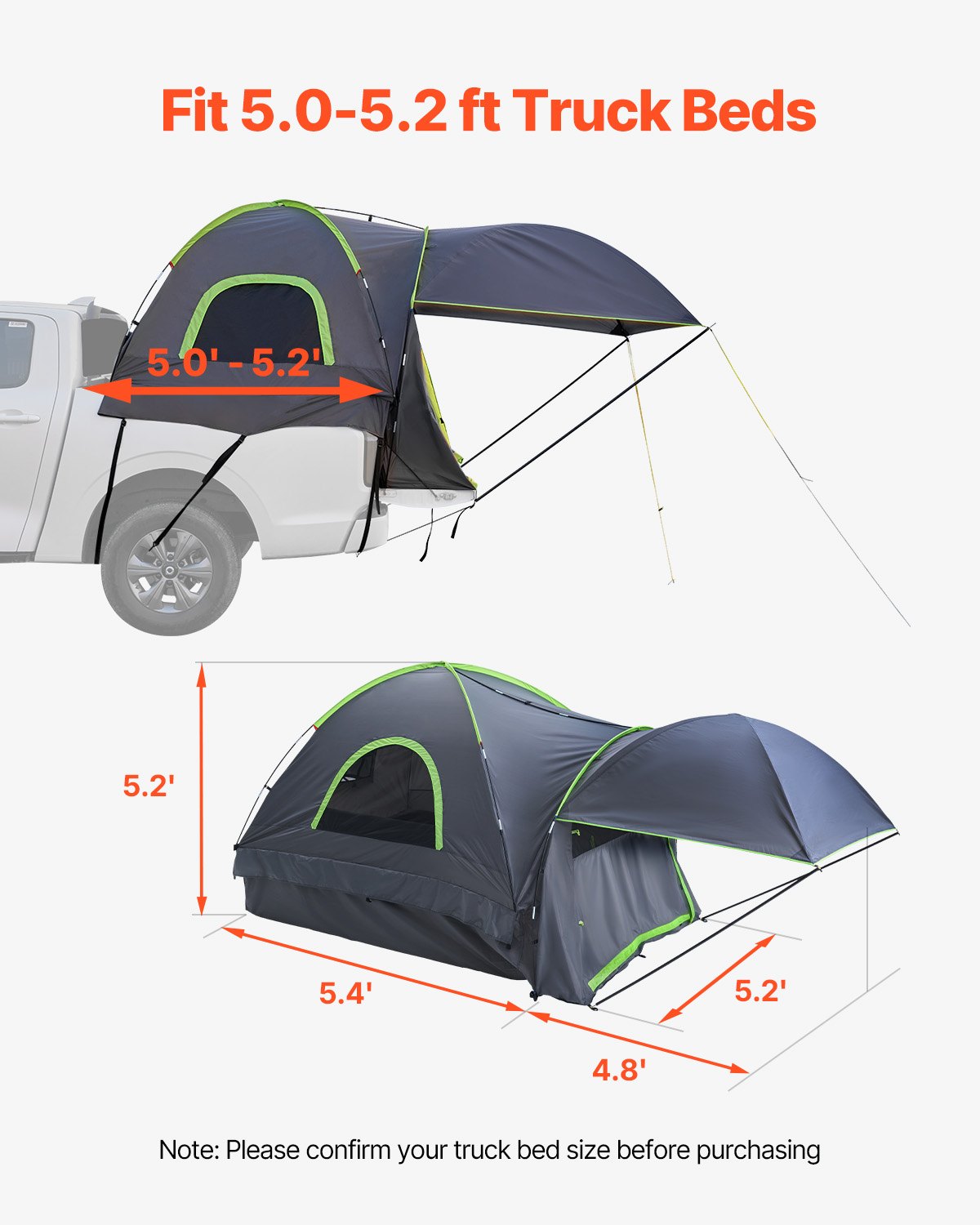VEVOR Truck Tent 5.0-5.2ft Waterproof PU2000 Truck Bed Camping Tent 2-3 Person 