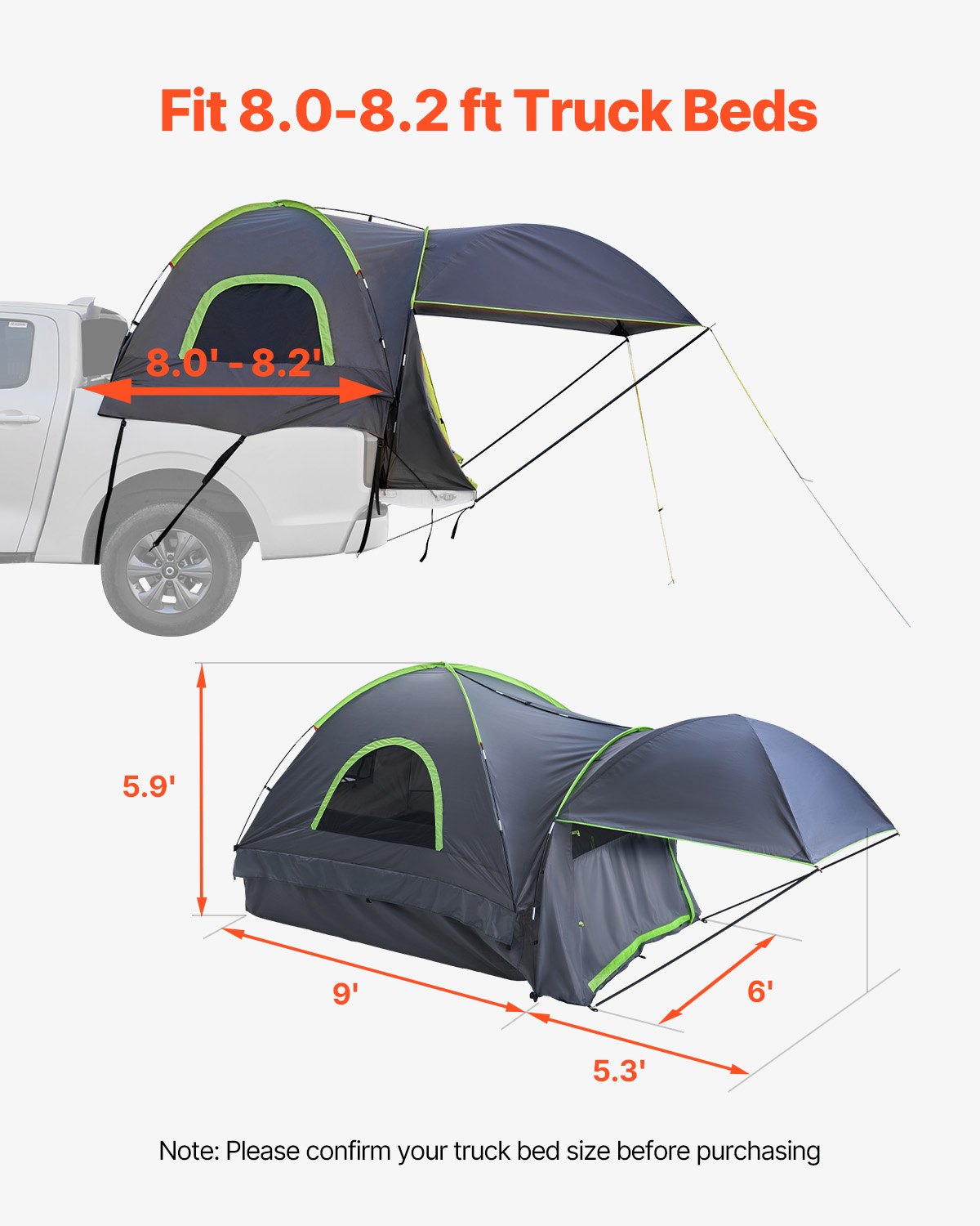 VEVOR Truck Tent 8.0-8.2ft Waterproof PU2000 Truck Bed Camping Tent 2-3 Person 