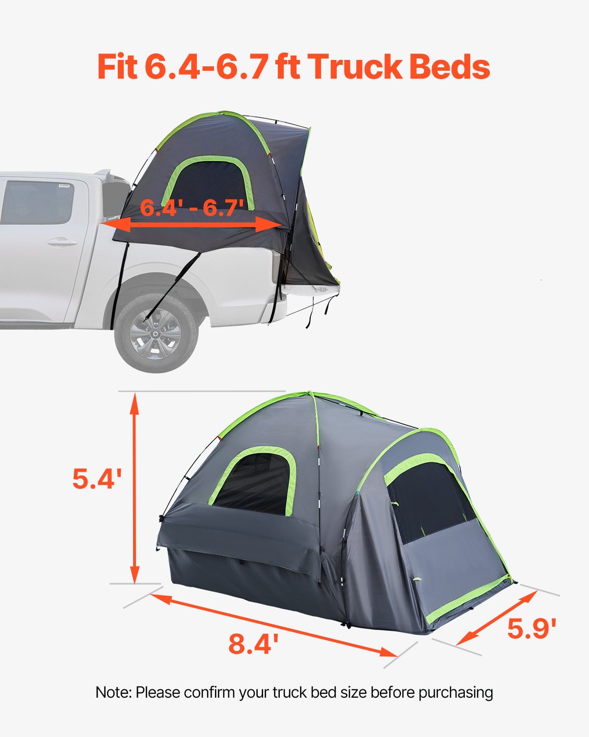 VEVOR Truck Tent 6.4-6.7ft Waterproof PU2000 Truck Bed Camping Tent 2-3 Person 