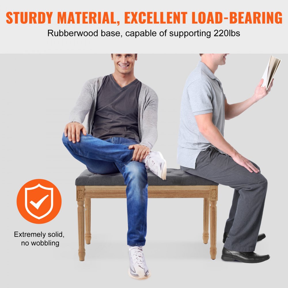 VEVOR Upholstered Bench, 16"W Ottoman Bench, End of Bed Bench with Foam Padded Cushion and Rubberwood Legs, Tufted Footrest Stool Entryway Bench for Dining Room, Living Room, Bedroom, Hallway, Gray 