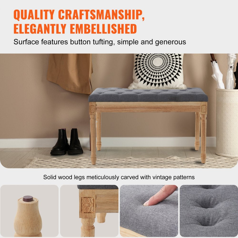 VEVOR Upholstered Bench, 16"W Ottoman Bench, End of Bed Bench with Foam Padded Cushion and Rubberwood Legs, Tufted Footrest Stool Entryway Bench for Dining Room, Living Room, Bedroom, Hallway, Gray 