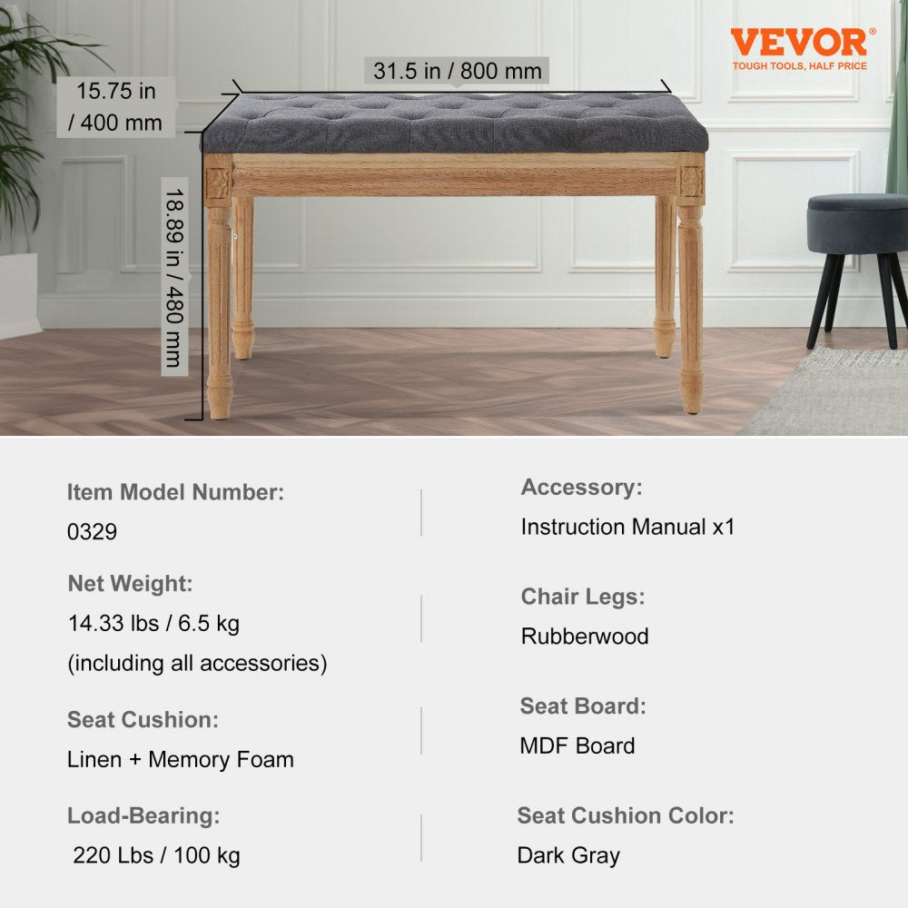 VEVOR Upholstered Bench, 16"W Ottoman Bench, End of Bed Bench with Foam Padded Cushion and Rubberwood Legs, Tufted Footrest Stool Entryway Bench for Dining Room, Living Room, Bedroom, Hallway, Gray 