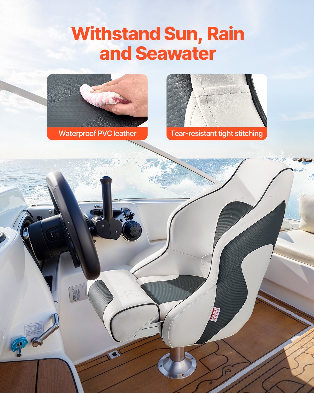 VEVOR Boat Seat High Backrest Flip Up Boat Seat Captain Bucket Seat White & Grey 