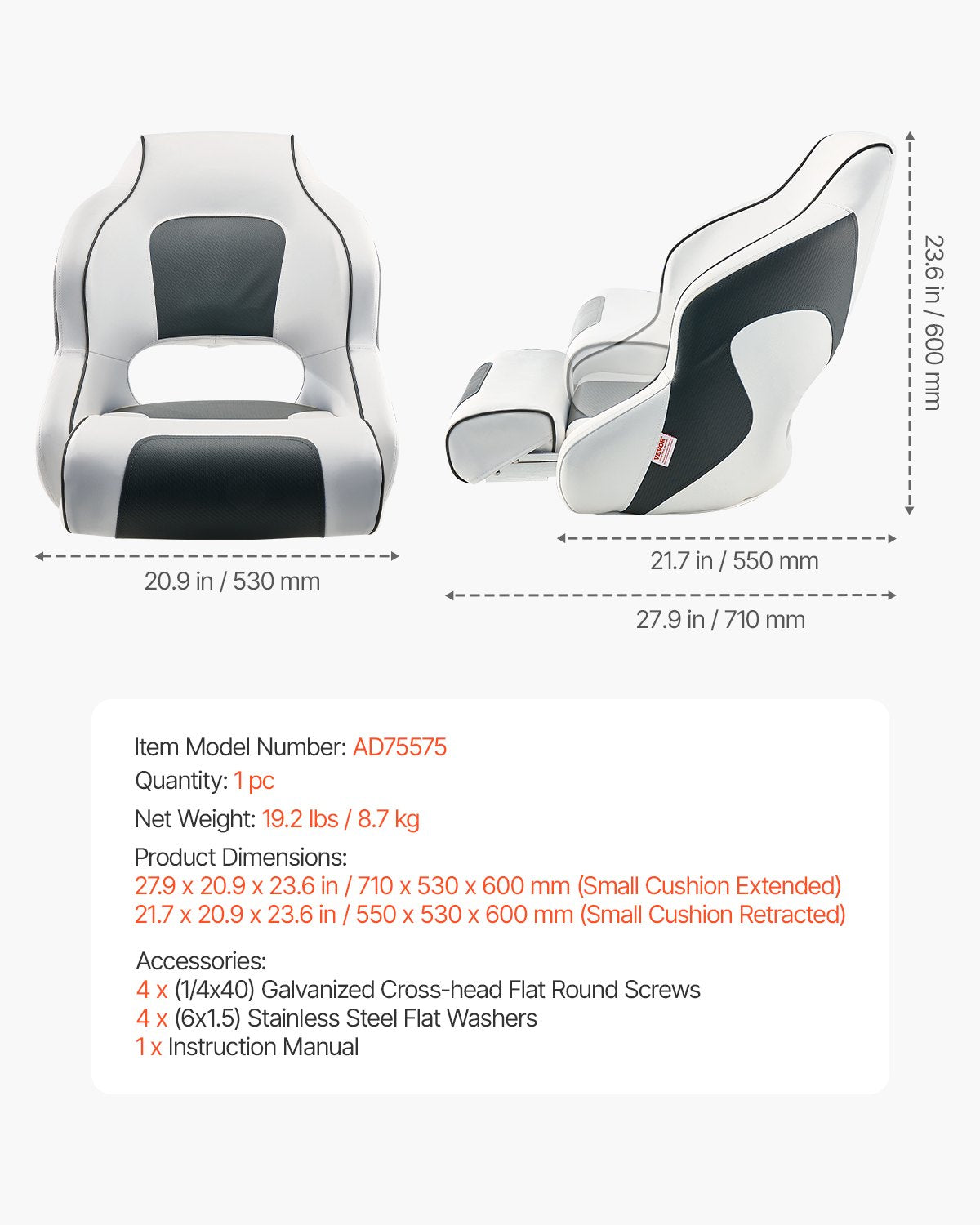 VEVOR Boat Seat High Backrest Flip Up Boat Seat Captain Bucket Seat White & Grey 