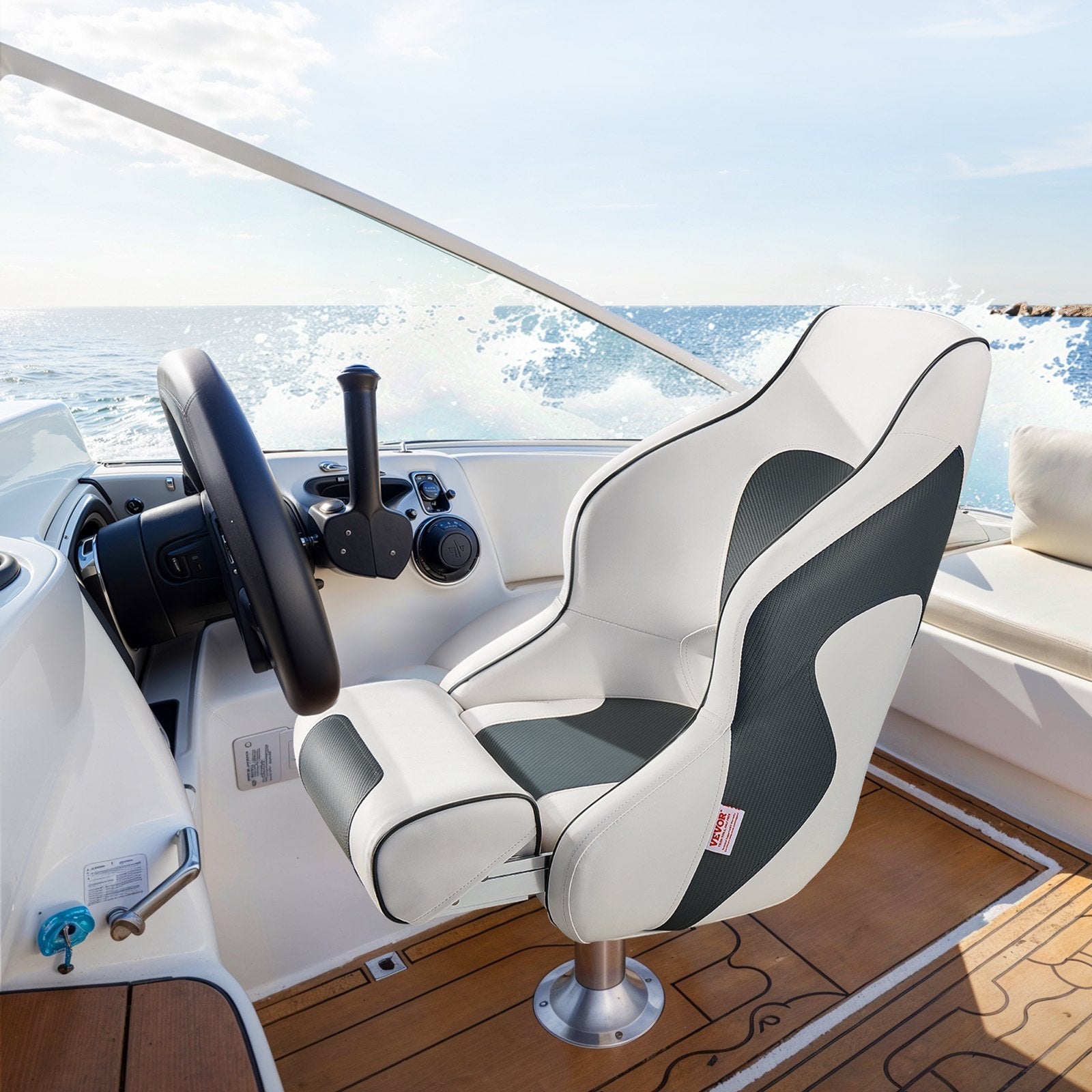 VEVOR Boat Seat High Backrest Flip Up Boat Seat Captain Bucket Seat White & Grey 