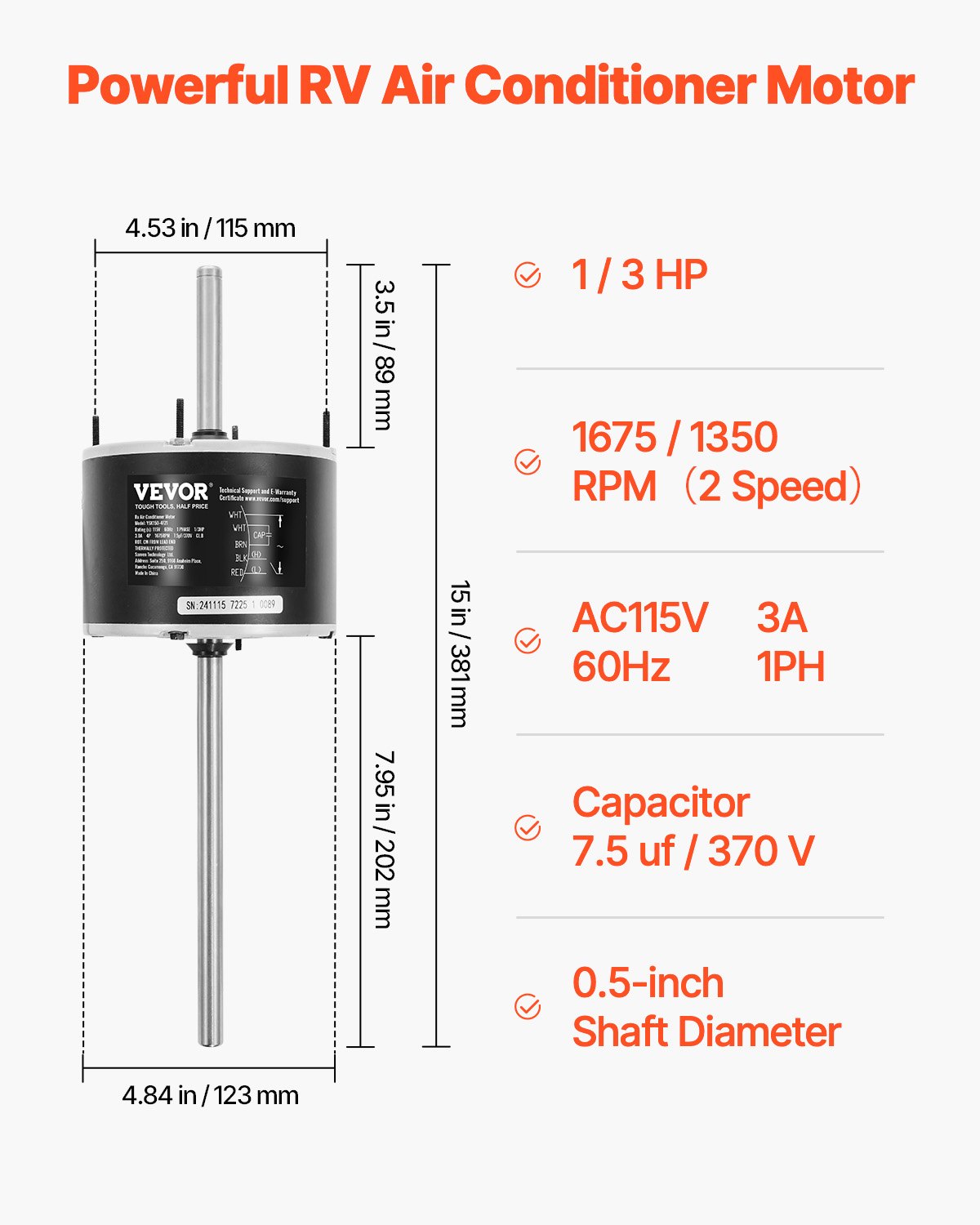 VEVOR 1/3HP RV AC Fan Motor AC115V 3A 1675RPM Single Phase 7.5uf/370V Capacitor 