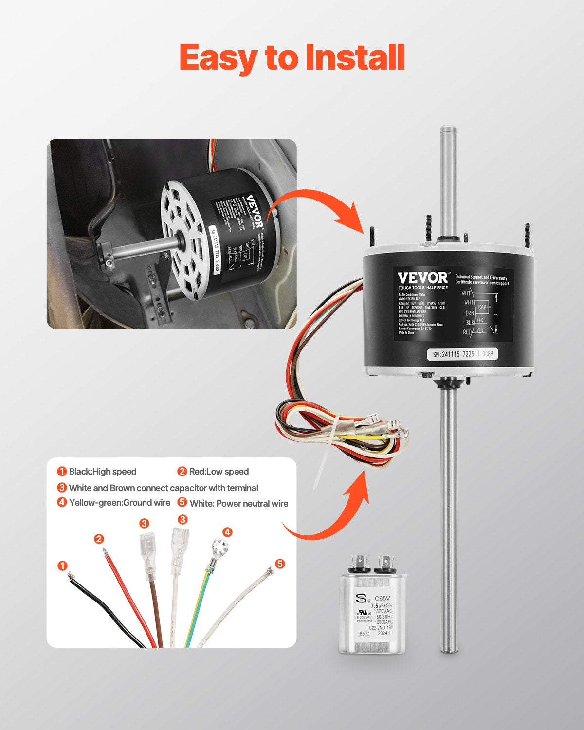 VEVOR 1/3HP RV AC Fan Motor AC115V 3A 1675RPM Single Phase 7.5uf/370V Capacitor 