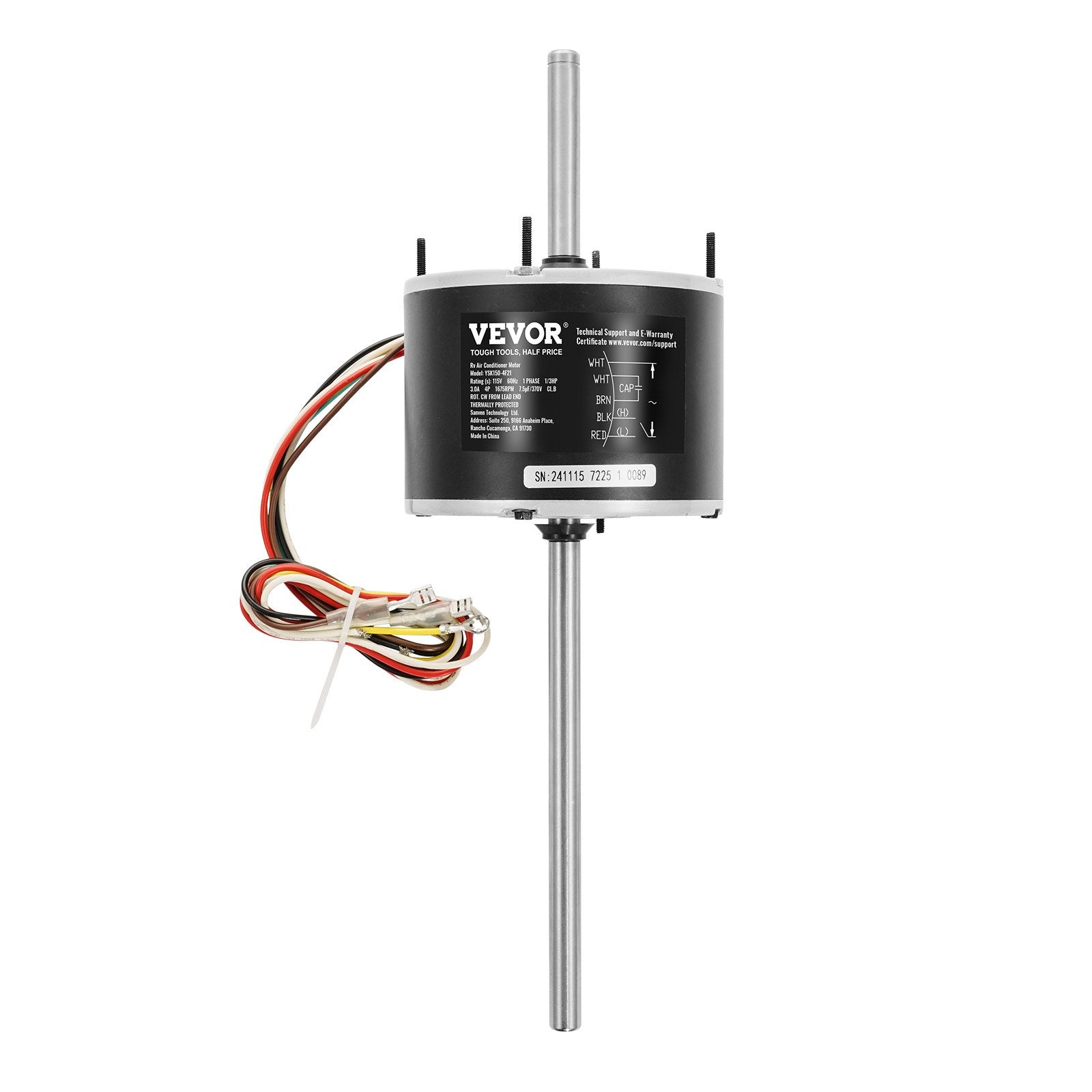 VEVOR 1/3HP RV AC Fan Motor AC115V 3A 1675RPM Single Phase 7.5uf/370V Capacitor 