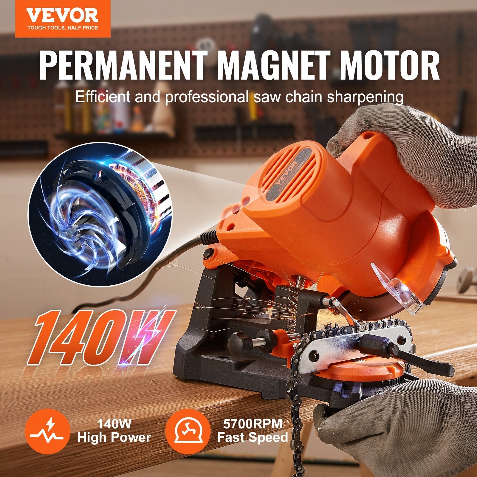 VEVOR Electric Chainsaw Sharpener, 140W Electric Saw Chain Blade Sharpener 5700RPM, Professional Bench Chain Saw Sharpening Tool with 3 Grinding Wheels Fit 0.25" to 0.404" Pitch Chains 
