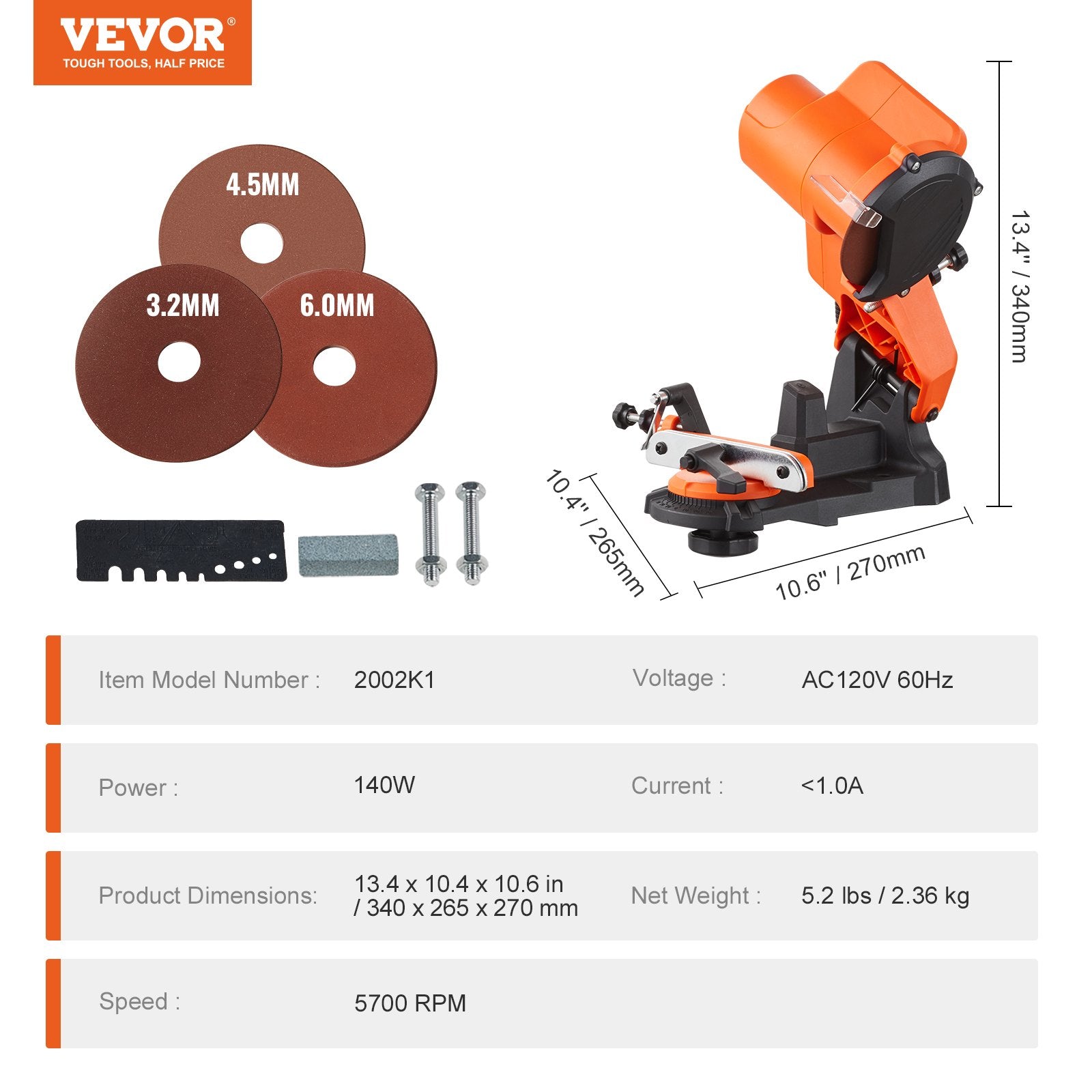 VEVOR Electric Chainsaw Sharpener, 140W Electric Saw Chain Blade Sharpener 5700RPM, Professional Bench Chain Saw Sharpening Tool with 3 Grinding Wheels Fit 0.25" to 0.404" Pitch Chains 