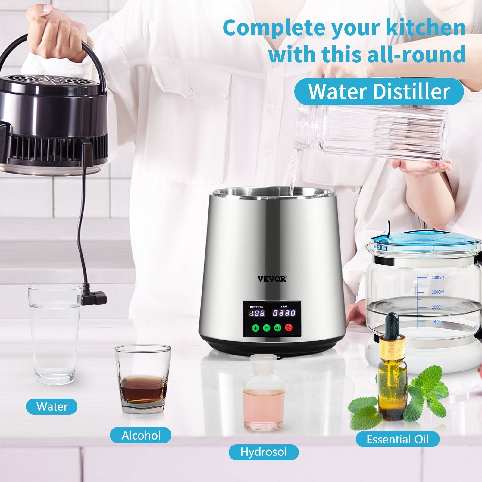 VEVOR 1.1Gal Water Distiller, 0.3Gal/H, 750W Distilled Water Maker Machine 0-99H Timing Set Temp Display, 304 Stainless Steel Countertop Distiller Glass Carafe Cleaning Powder 3 Carbon Packs, Silver 