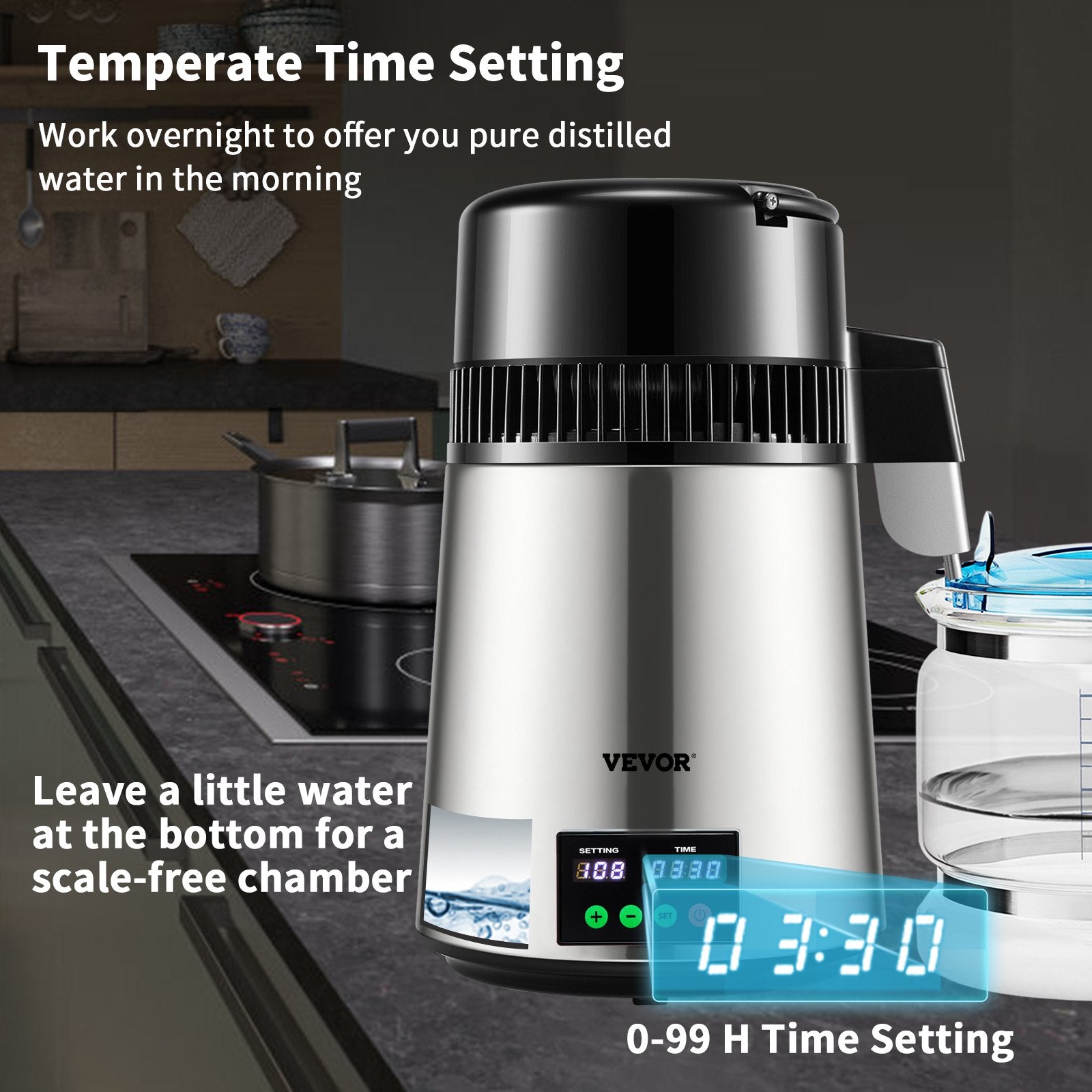 VEVOR 1.1Gal Water Distiller, 0.3Gal/H, 750W Distilled Water Maker Machine 0-99H Timing Set Temp Display, 304 Stainless Steel Countertop Distiller Glass Carafe Cleaning Powder 3 Carbon Packs, Silver 