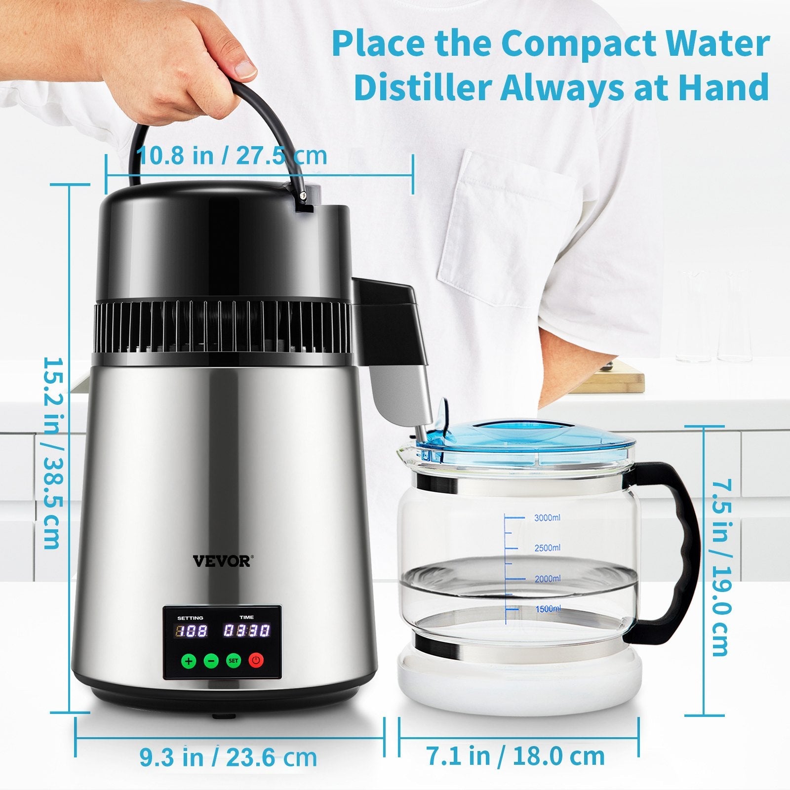 VEVOR 1.1Gal Water Distiller, 0.3Gal/H, 750W Distilled Water Maker Machine 0-99H Timing Set Temp Display, 304 Stainless Steel Countertop Distiller Glass Carafe Cleaning Powder 3 Carbon Packs, Silver 