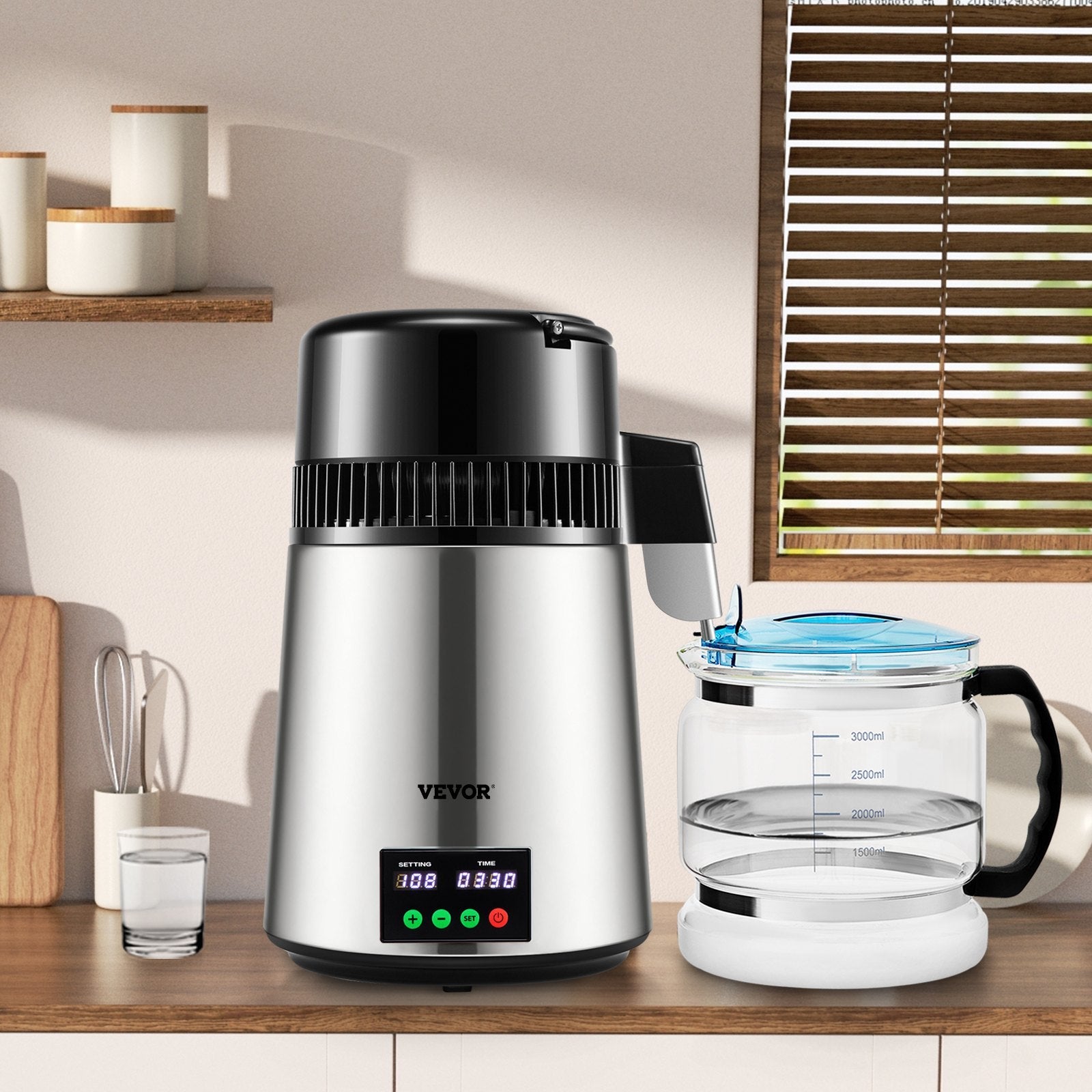 VEVOR 1.1Gal Water Distiller, 0.3Gal/H, 750W Distilled Water Maker Machine 0-99H Timing Set Temp Display, 304 Stainless Steel Countertop Distiller Glass Carafe Cleaning Powder 3 Carbon Packs, Silver 